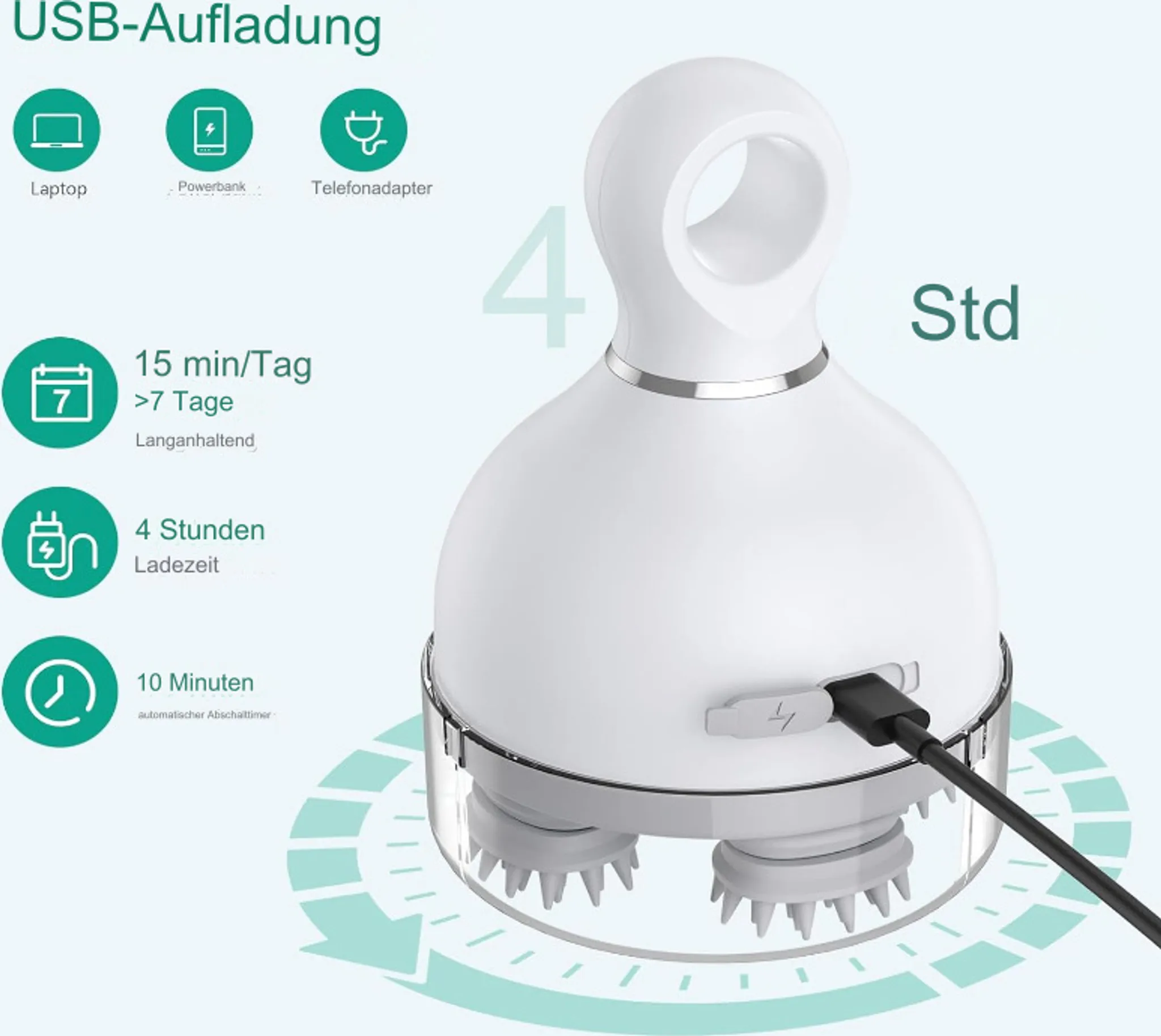 Weißes elektrisches Kopfhautmassagegerät mit USB-Ladekabel und Symbolen für Akkulaufzeit auf blauem Hintergrund.