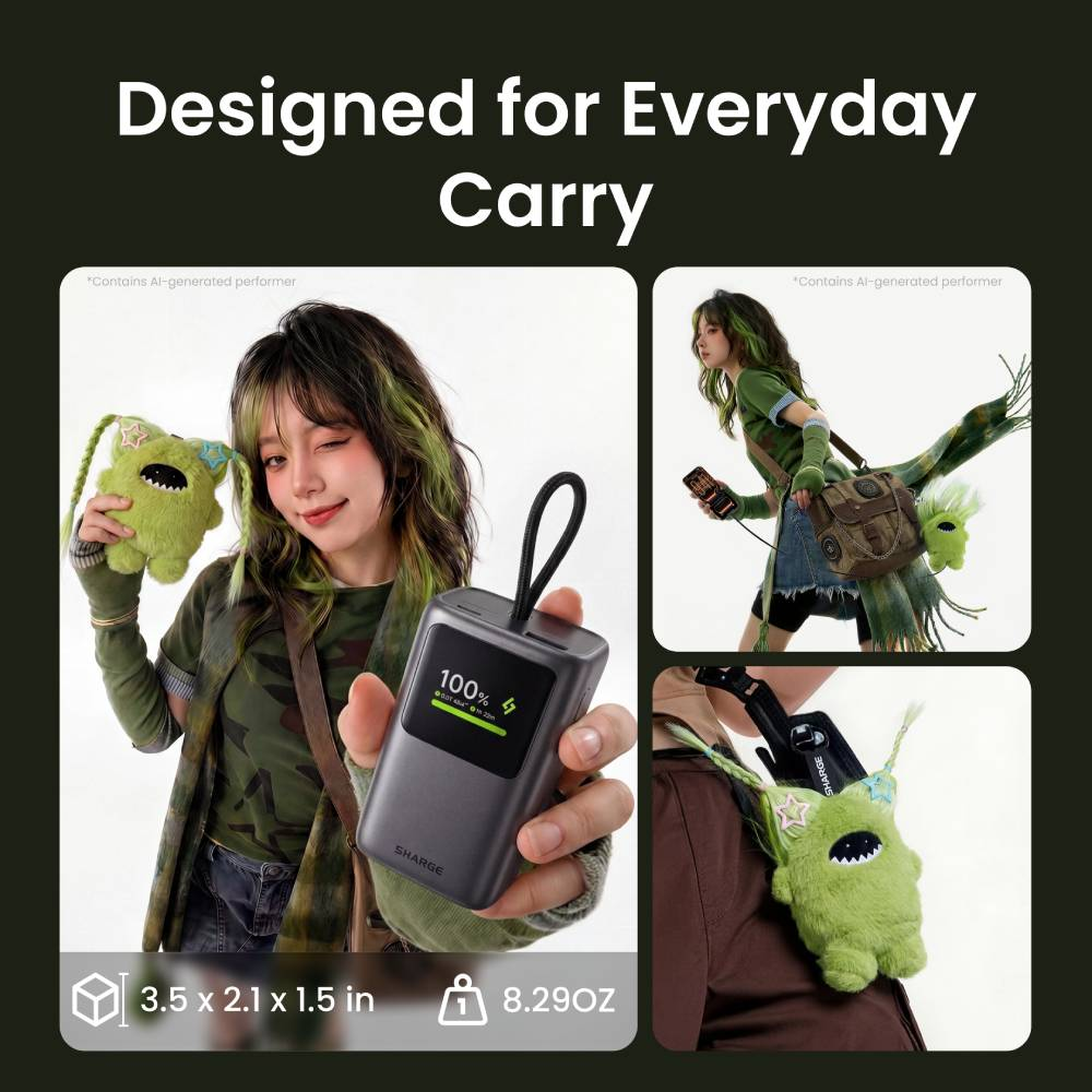 Eine Frau hält eine graue Powerbank mit 100% Anzeige, neben Fotos mit grüner Plüschtasche und Outdoor-Zubehör.