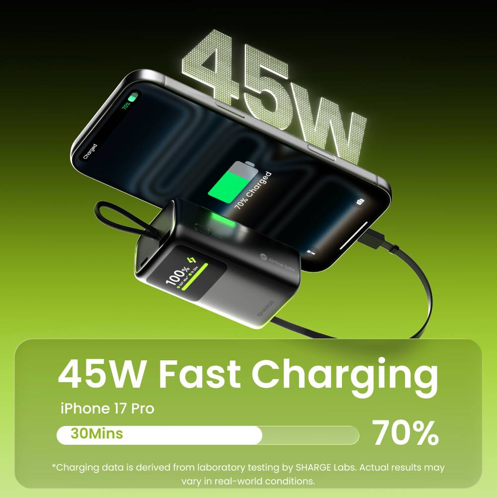 Eine Powerbank lädt ein Smartphone und zeigt 45W Fast Charging sowie 70% Akku in 30 Minuten vor grünem Hintergrund.