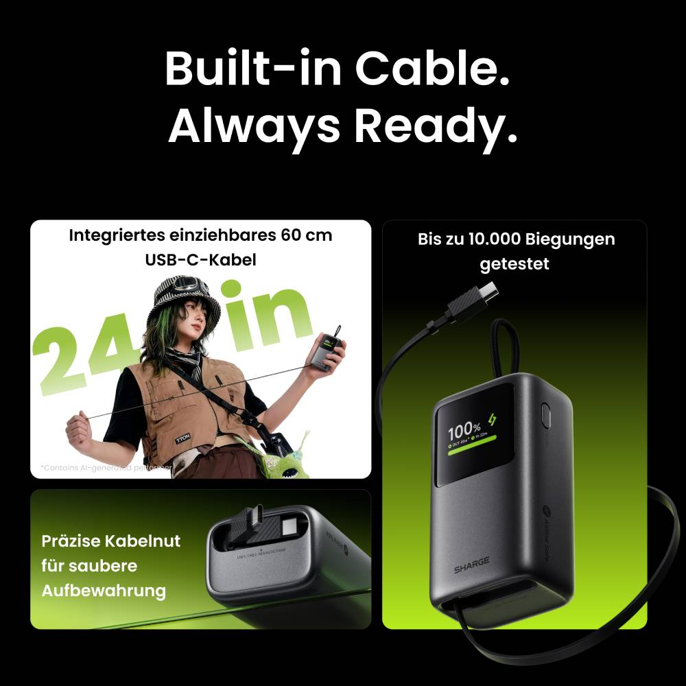 Produktwerbung für eine schwarze Powerbank mit integriertem Kabel, Digitalanzeige und robuster Bauweise.