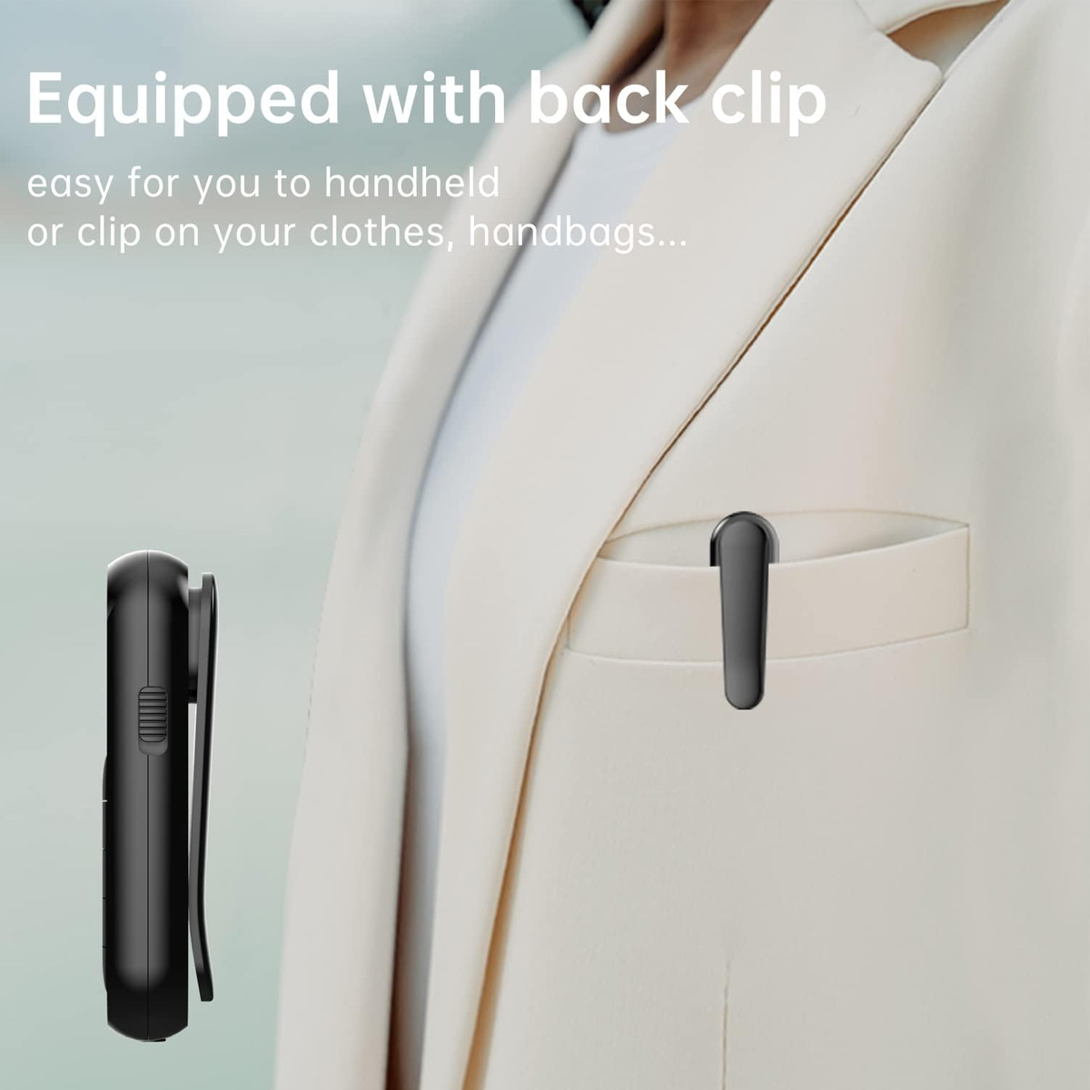 Ein kleiner schwarzer Stift mit Clip in einer Anzugtasche, links eine Nahaufnahme des Clips.