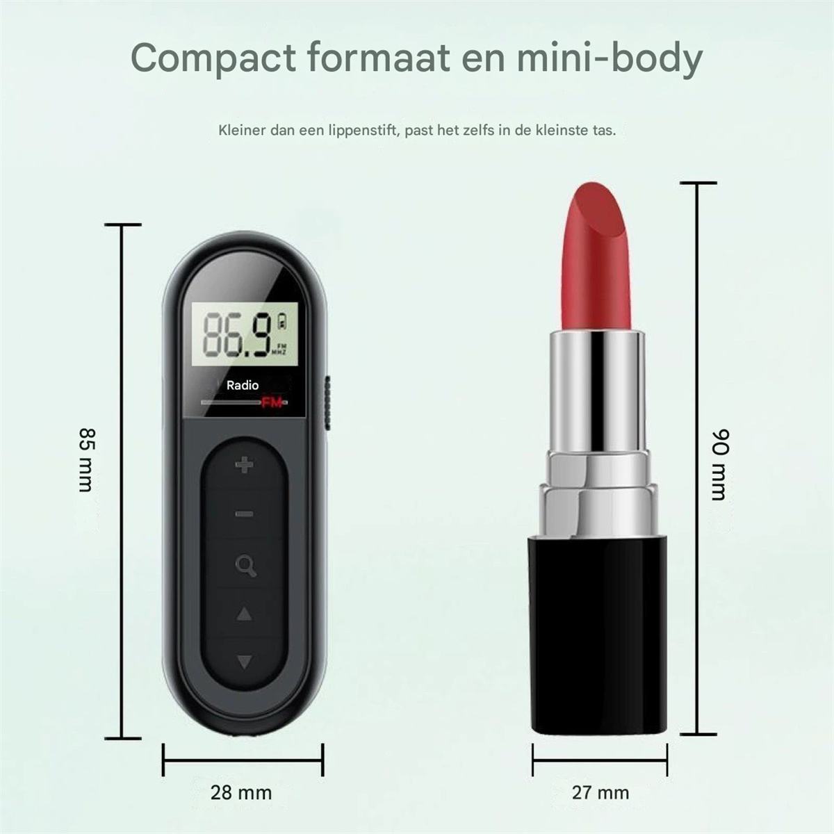Vergleich eines schwarzen Mini-Radios (85x28 mm) mit einem roten Lippenstift (90x27 mm) auf hellem Grund.