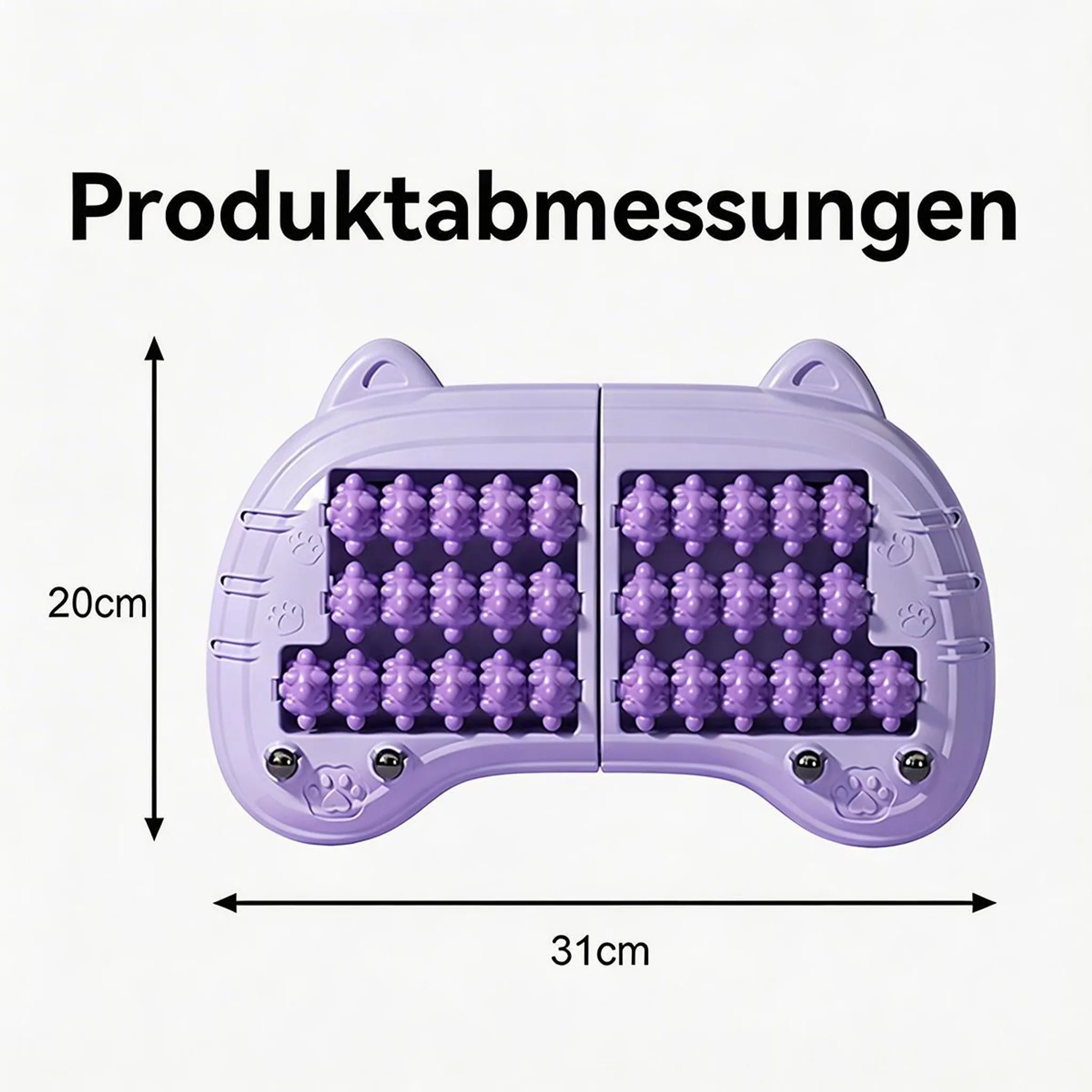 Lila Fußmassagegerät mit Noppen und Rollen, 20 cm breit und 31 cm lang, auf weißem Hintergrund.