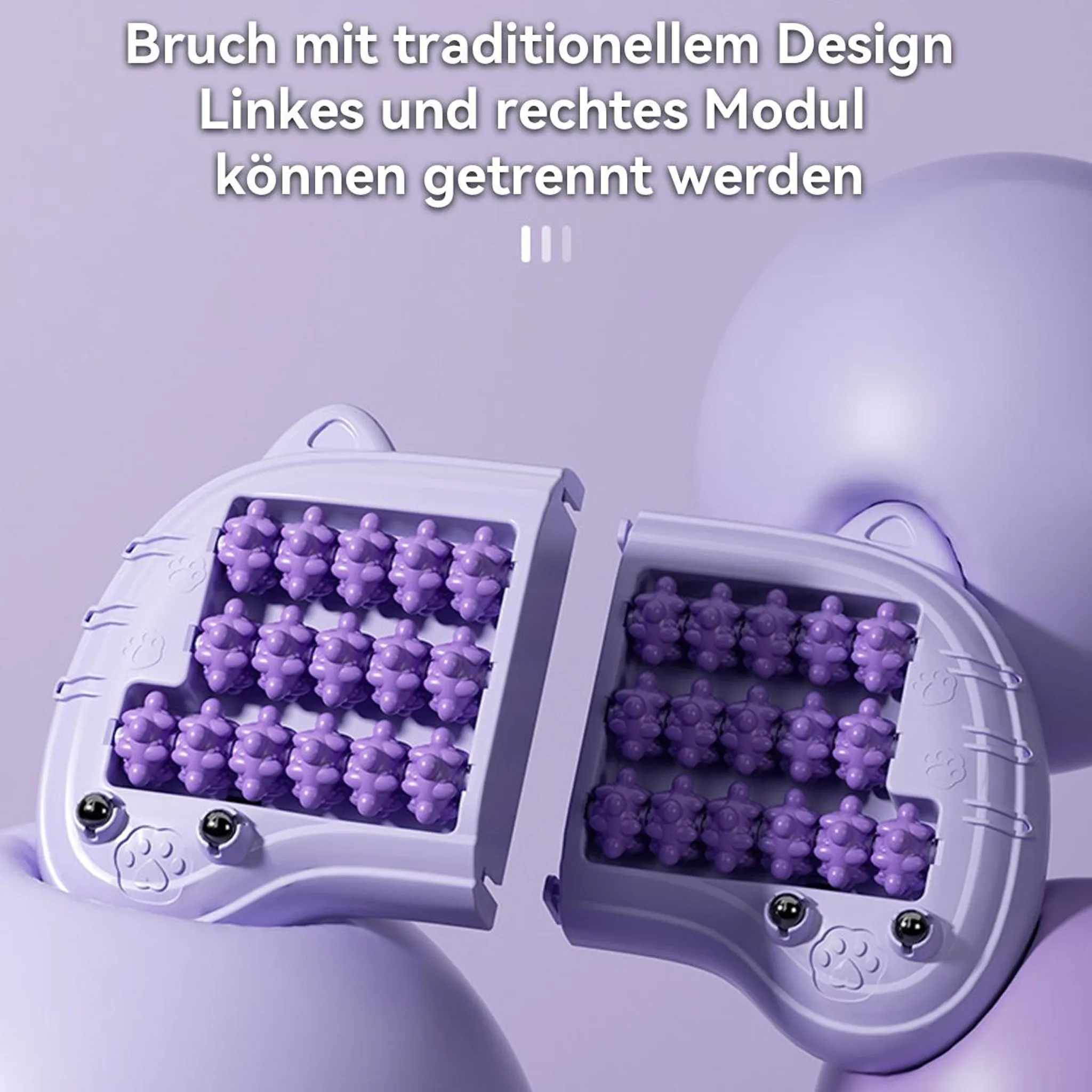 Ein lila, zweiteiliges Katzenmassagegerät vor einem passenden lila Hintergrund.