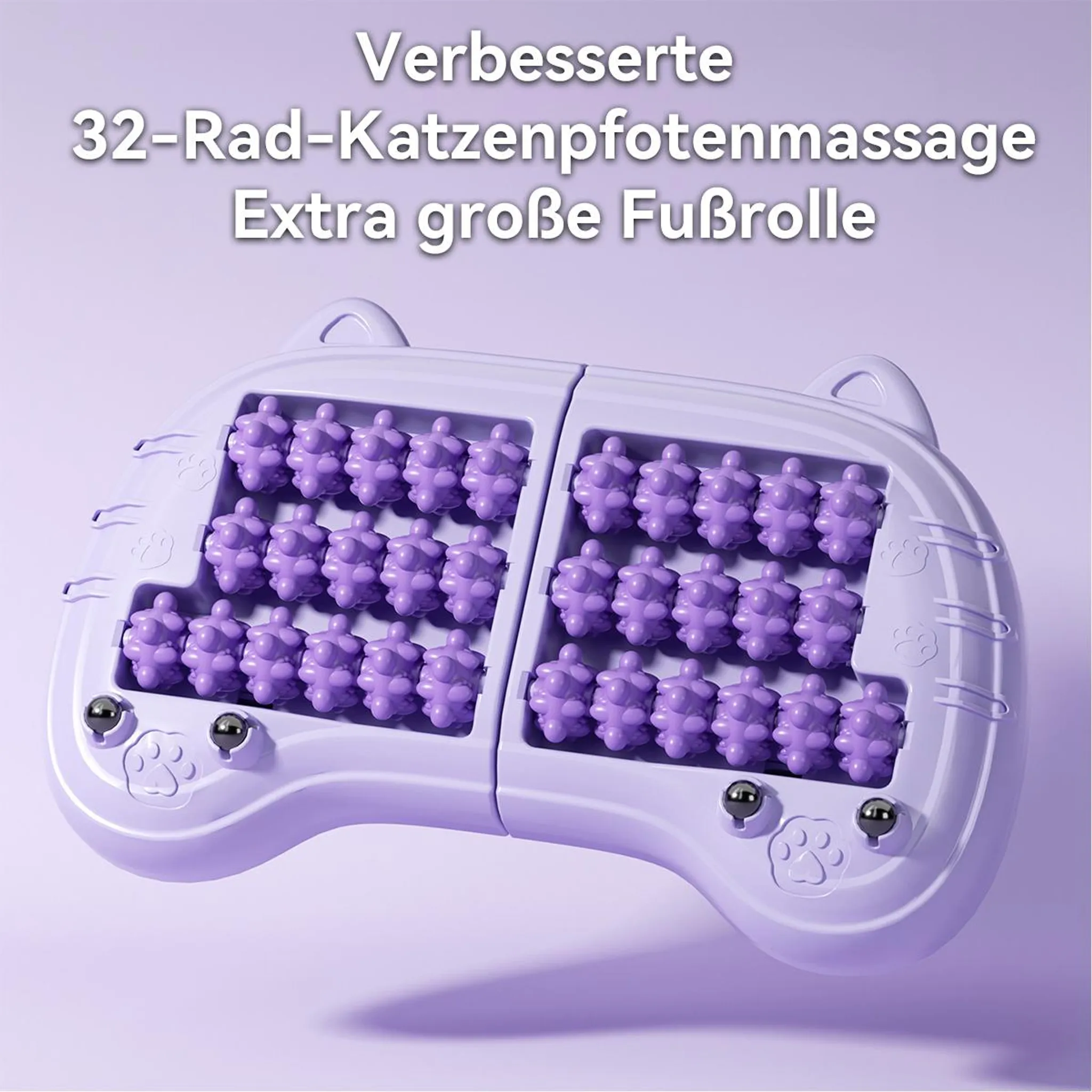 Ein lila Fußmassagegerät mit Katzenohren und vielen Massagerollen auf einer hellen Fläche.