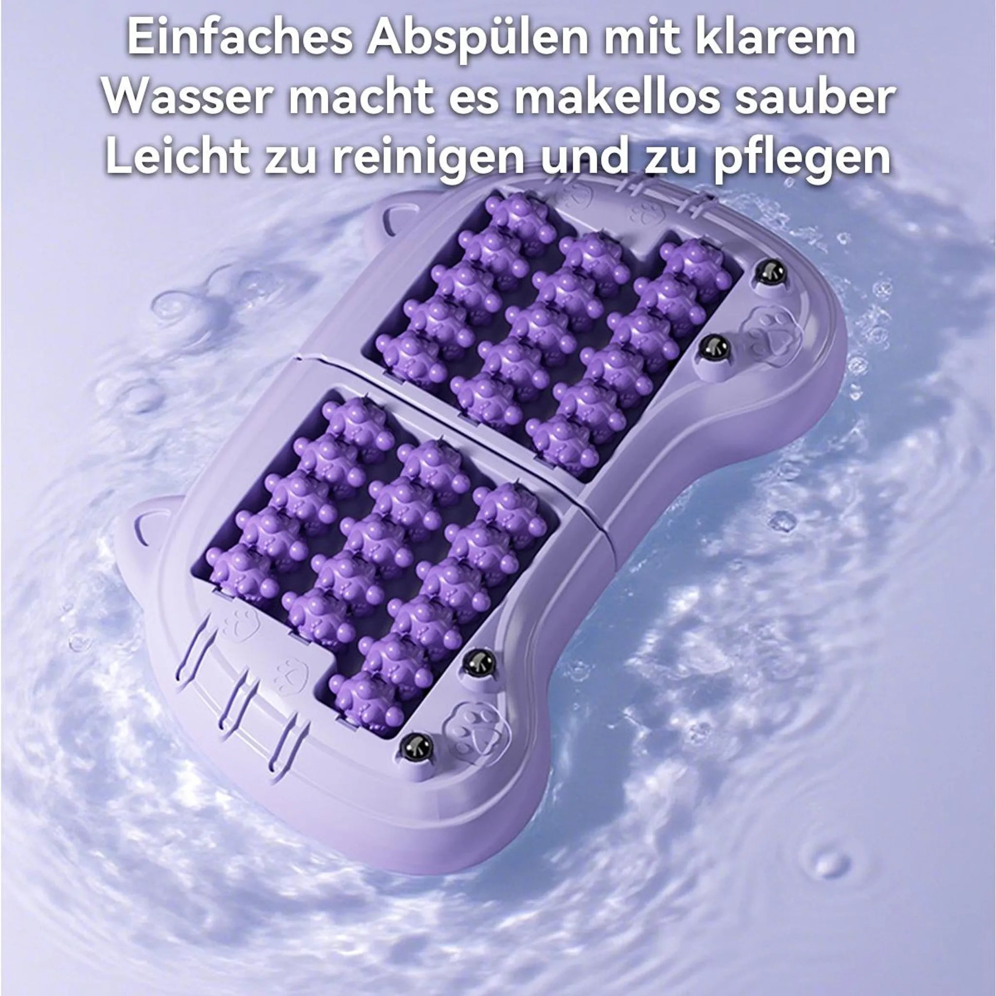 Lila Fußmassagegerät im Wasser, umgeben von Text mit deutschen Werbeaussagen.