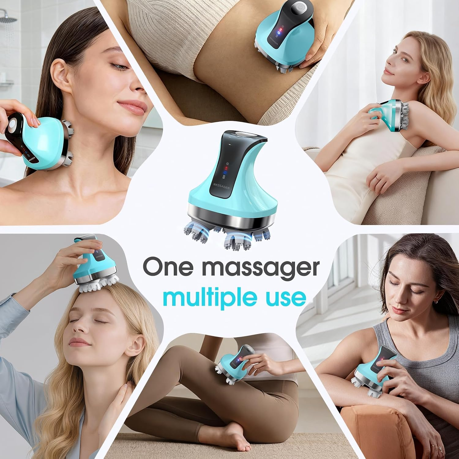 Eine blau-schwarze Massagegerät wird an verschiedenen Körperteilen von Frauen verwendet.