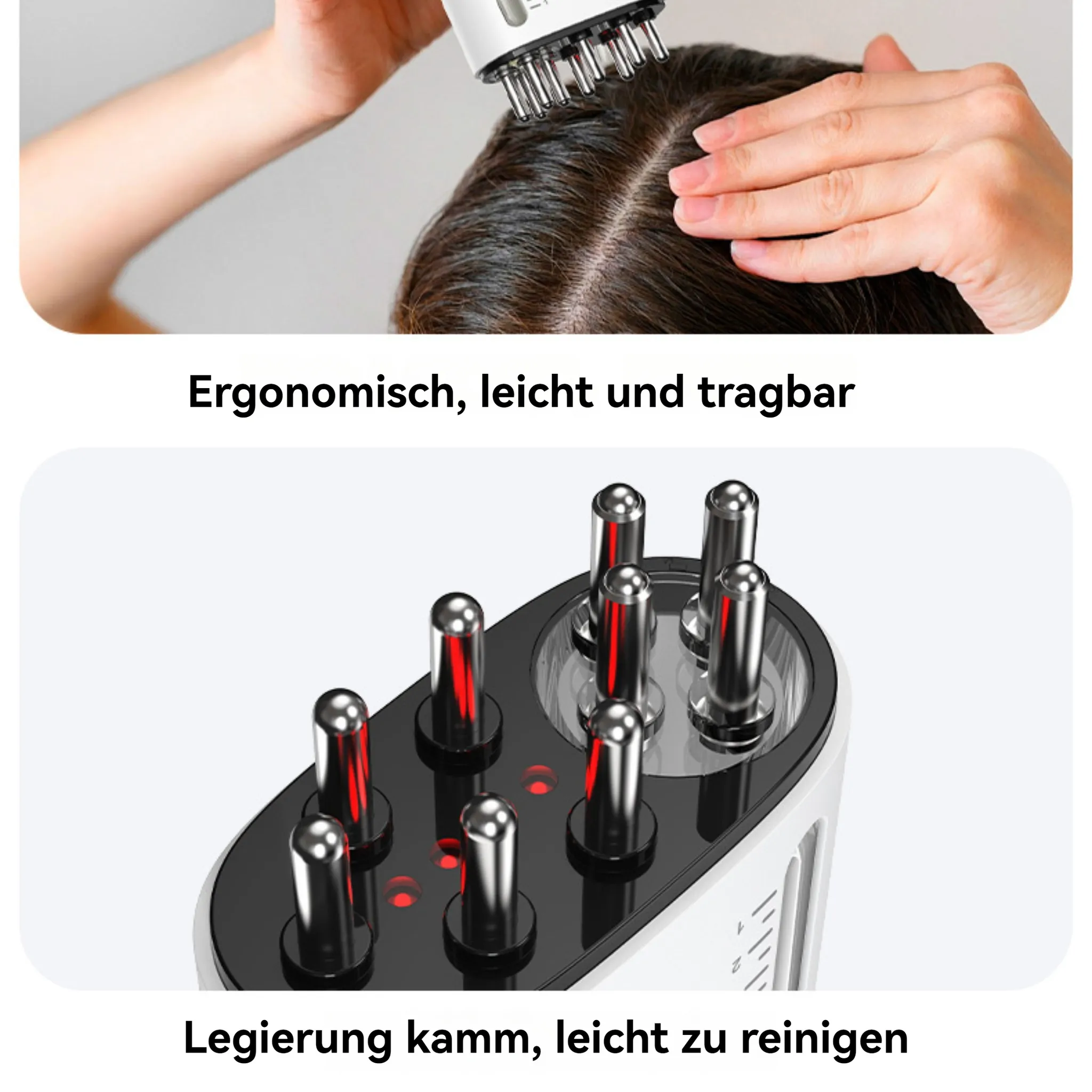 Ein tragbares Gerät mit Massageaufsätzen wird auf die Kopfhaut gesetzt.