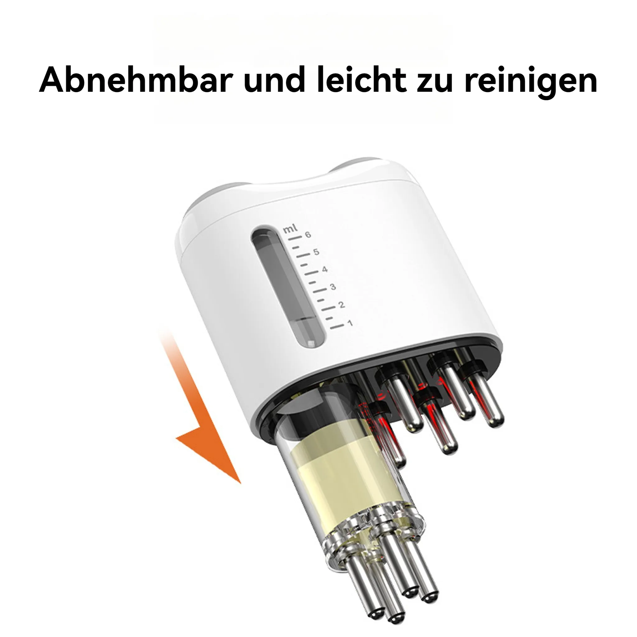 Weißes Gerät mit abnehmbarem Flüssigkeitstank und Metall-Applikatorstiften, mit deutschem Text oben.