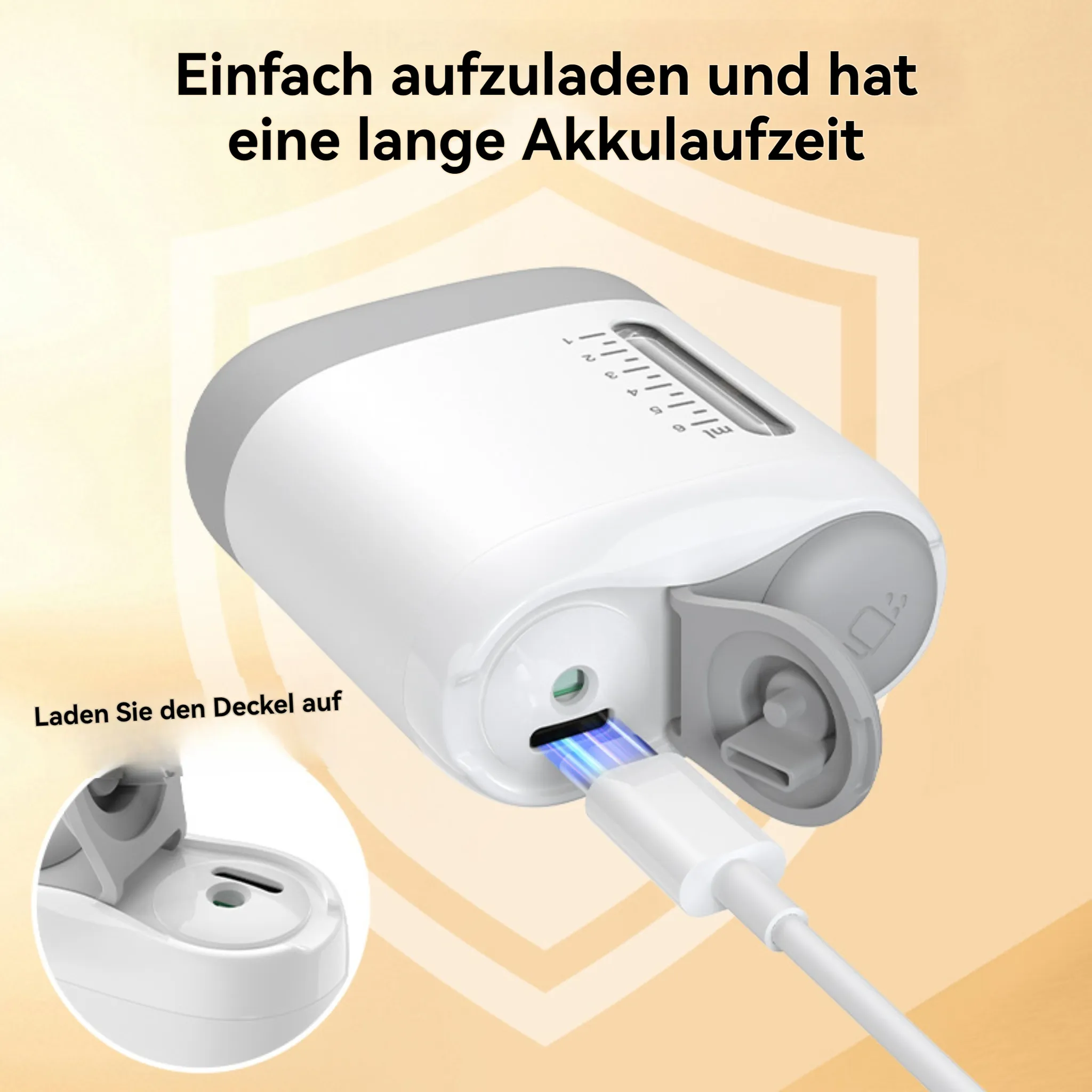 Ein weiß-graues Gerät wird mit einem USB-C-Kabel aufgeladen. Text und ein kleines Inset-Bild zeigen Details.