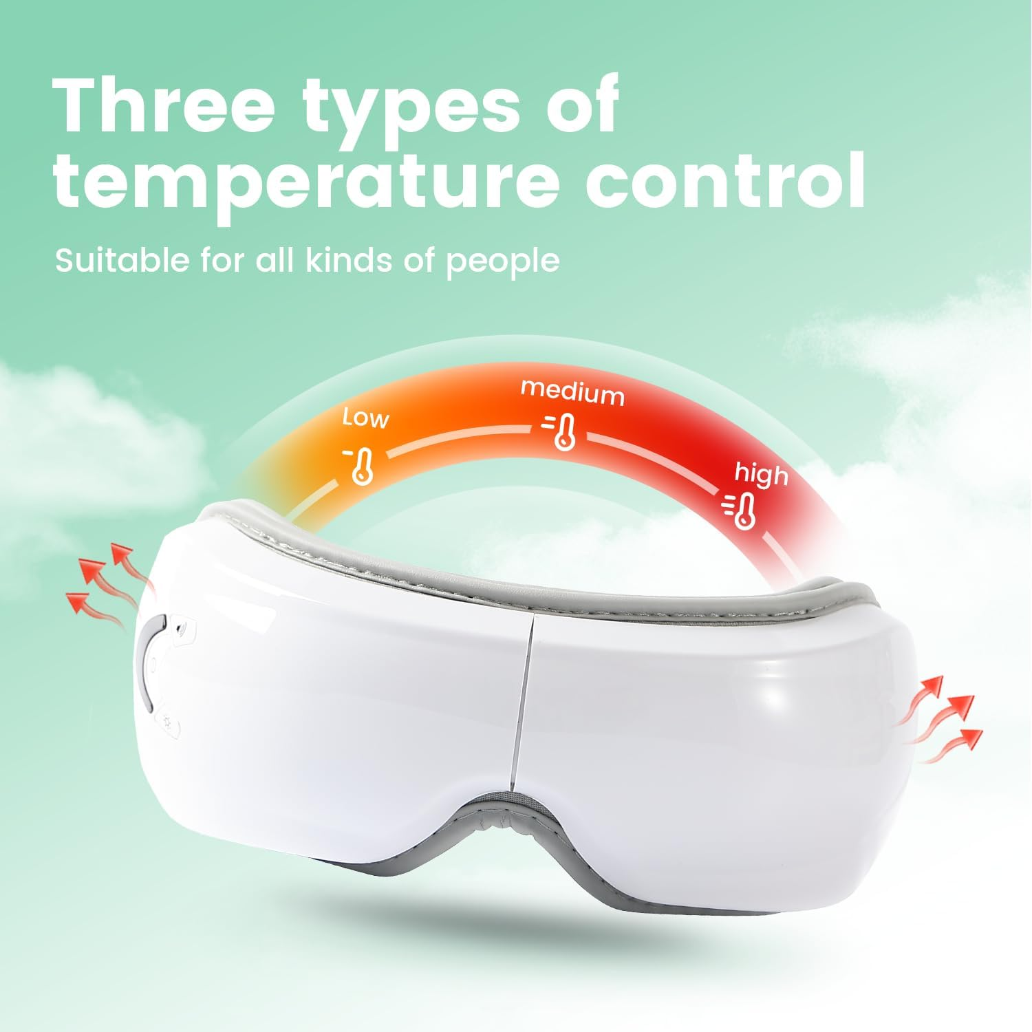 Ein weißer smarter Augenmassager mit farbigem Temperatur-Bogen für niedrige, mittlere und hohe Stufen auf grünem Grund.