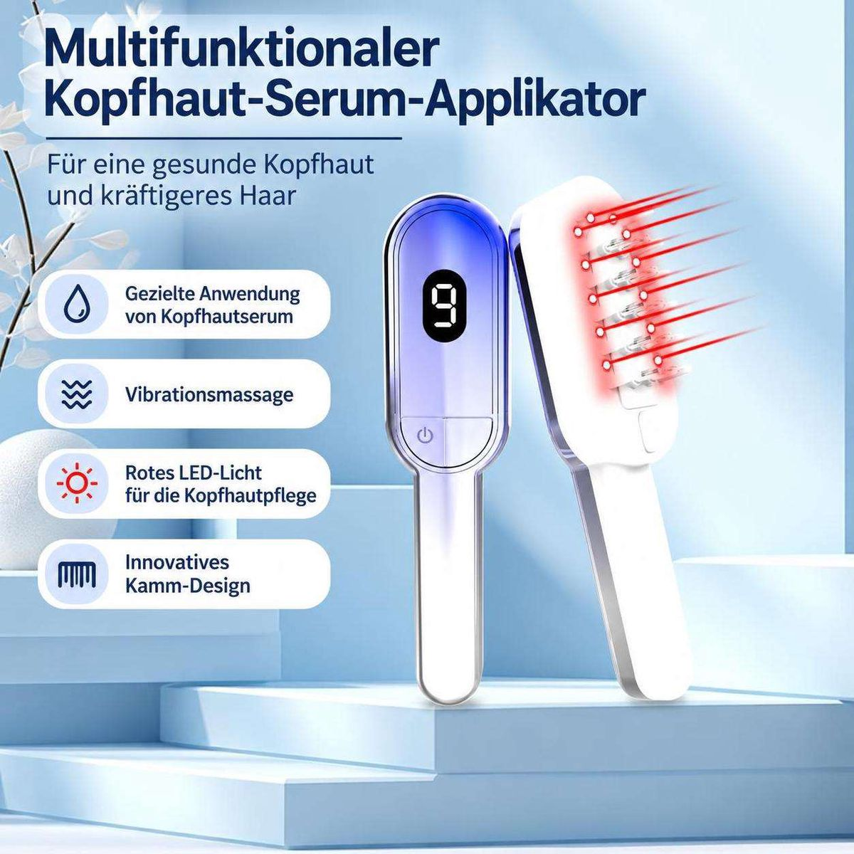 Werbebild für einen Multifunktionalen Kopfhaut-Serum-Applikator mit rotem LED-Licht auf blauem Hintergrund.