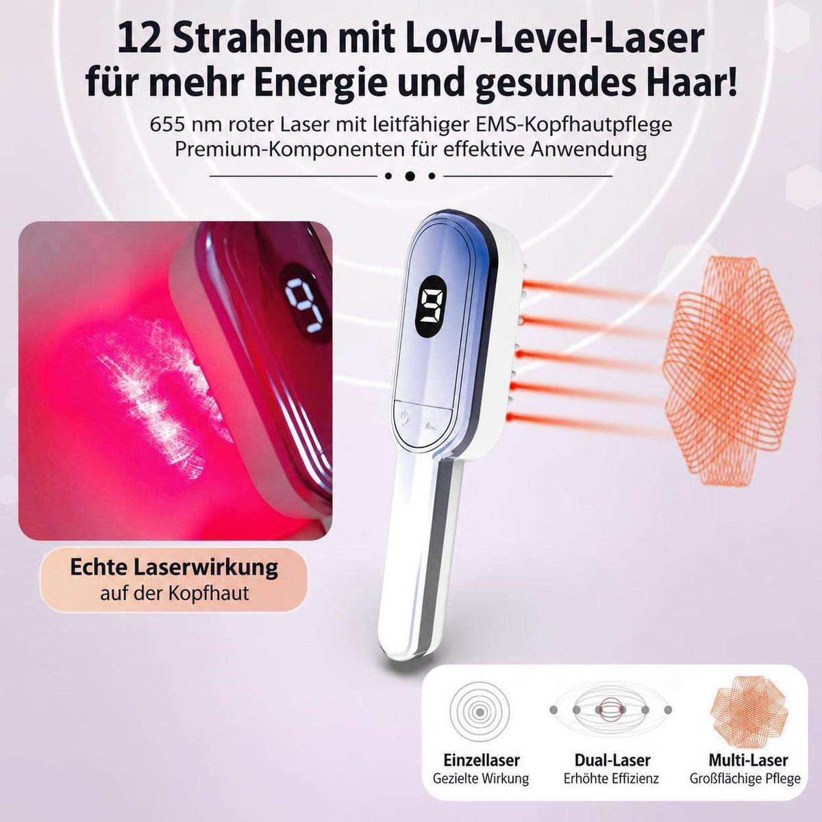Ein weiß-blaues Low-Level-Laser-Haarwuchsgerät mit roten Laserstrahlen und deutschem Werbetext.