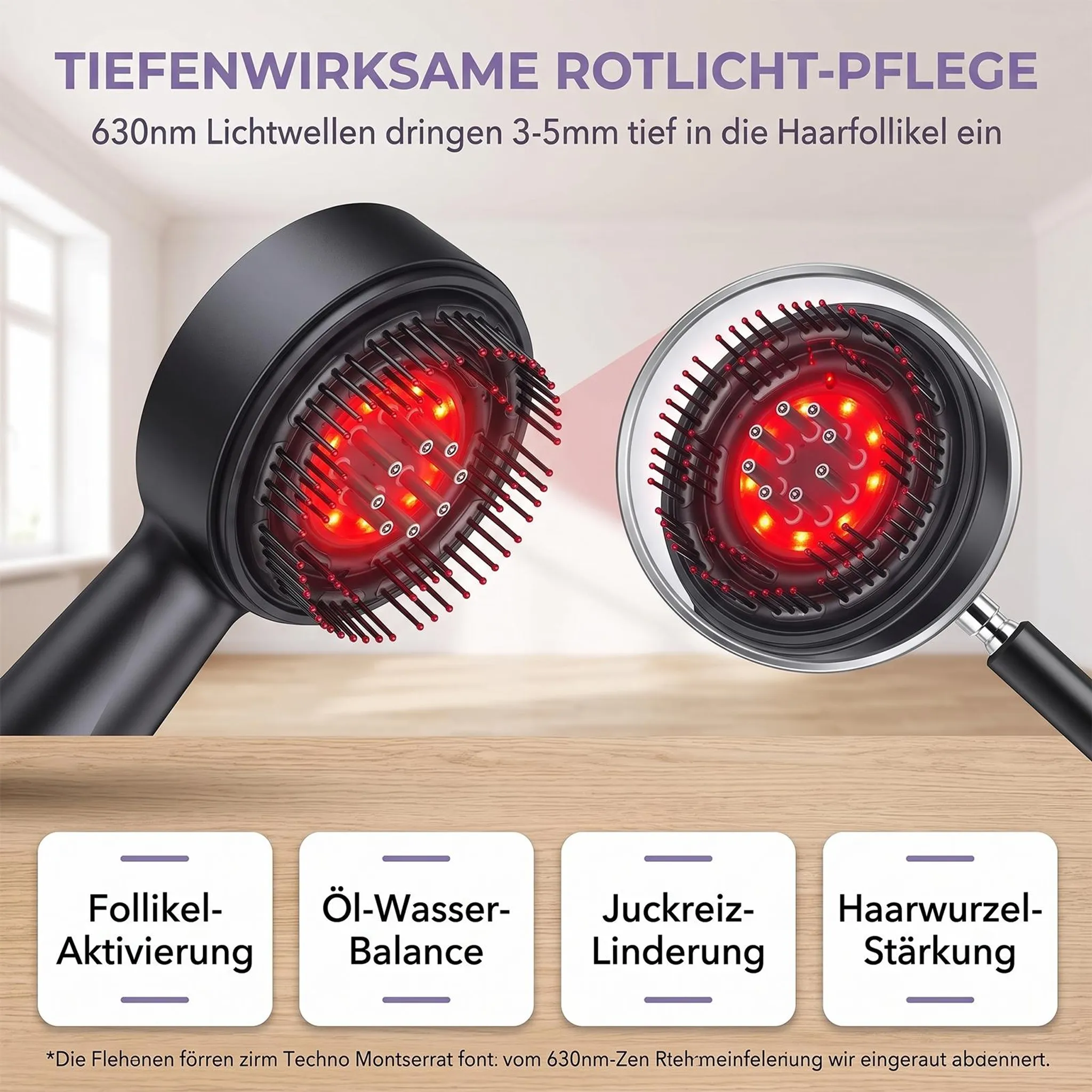 Rotlicht-Haarbürste mit roten LEDs und Borsten, darüber Text und vier wei ße Funktionsboxen unten.