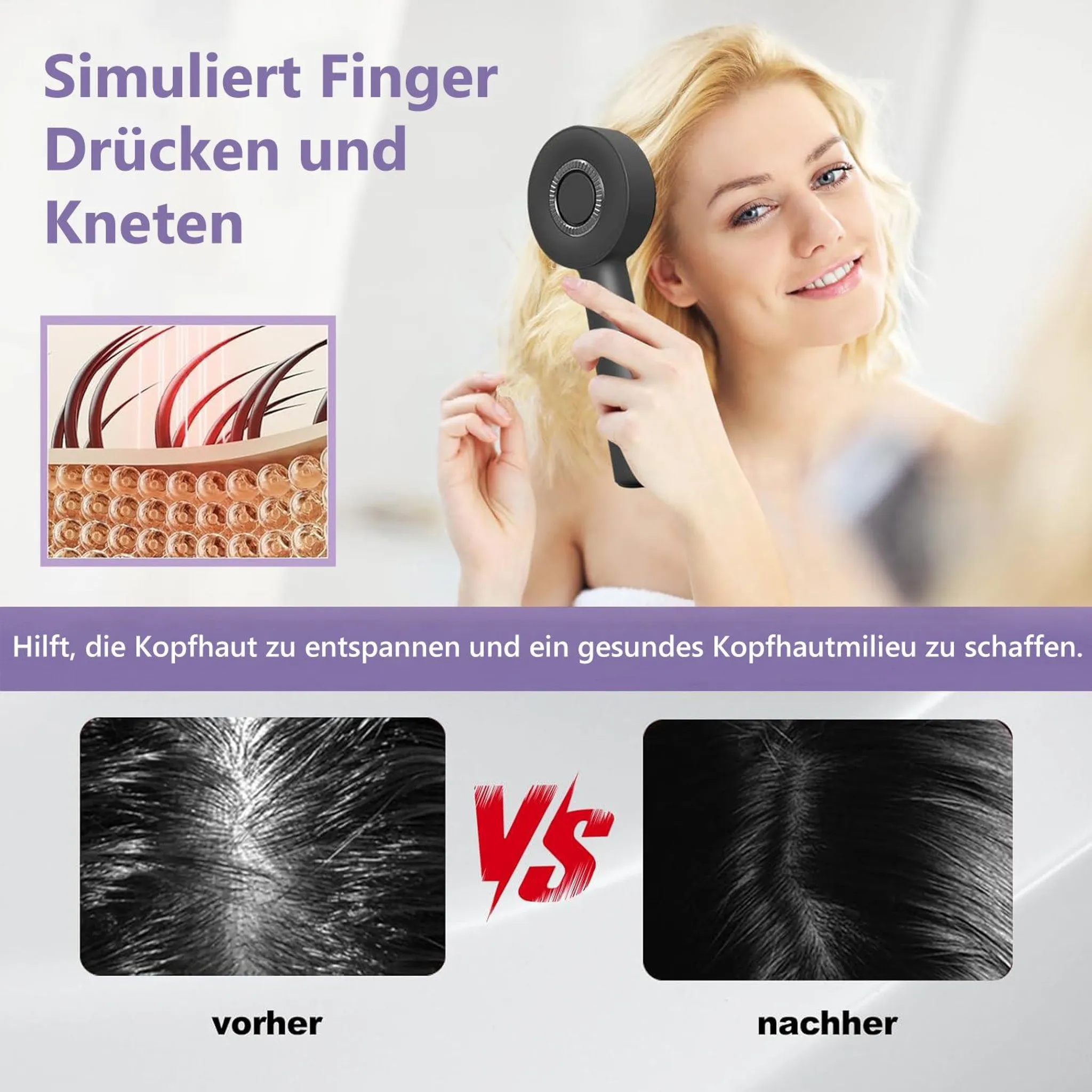 Eine Frau massiert ihr blondes Haar mit einem schwarzen Kopfmassagegerät, mit Vorher-Nachher-Vergleichsbildern.