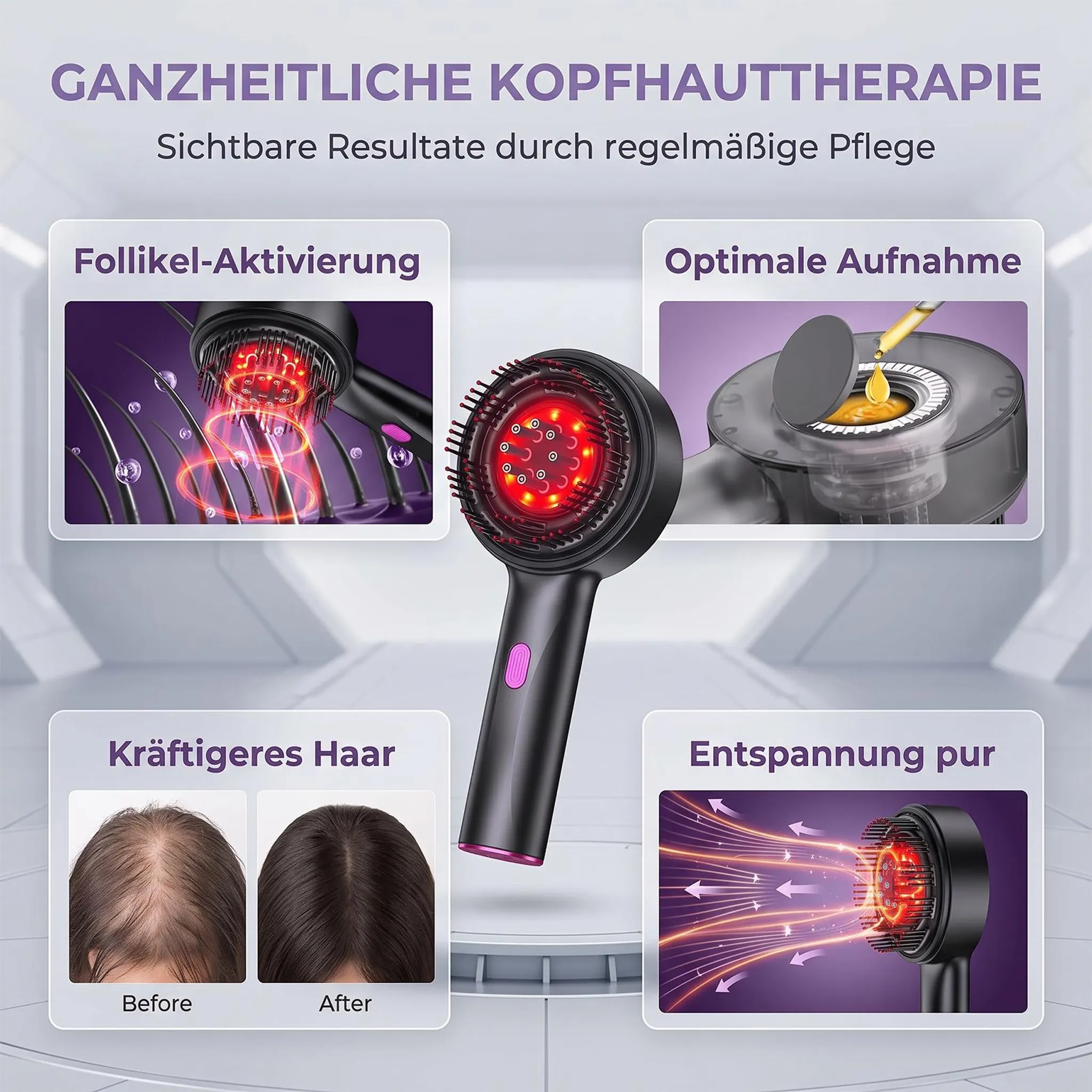 Ein Werbebild für ein Kopfhauttherapiegerät mit rotem Licht, Ölfüllung und Vorher-Nachher-Haarvergleich.