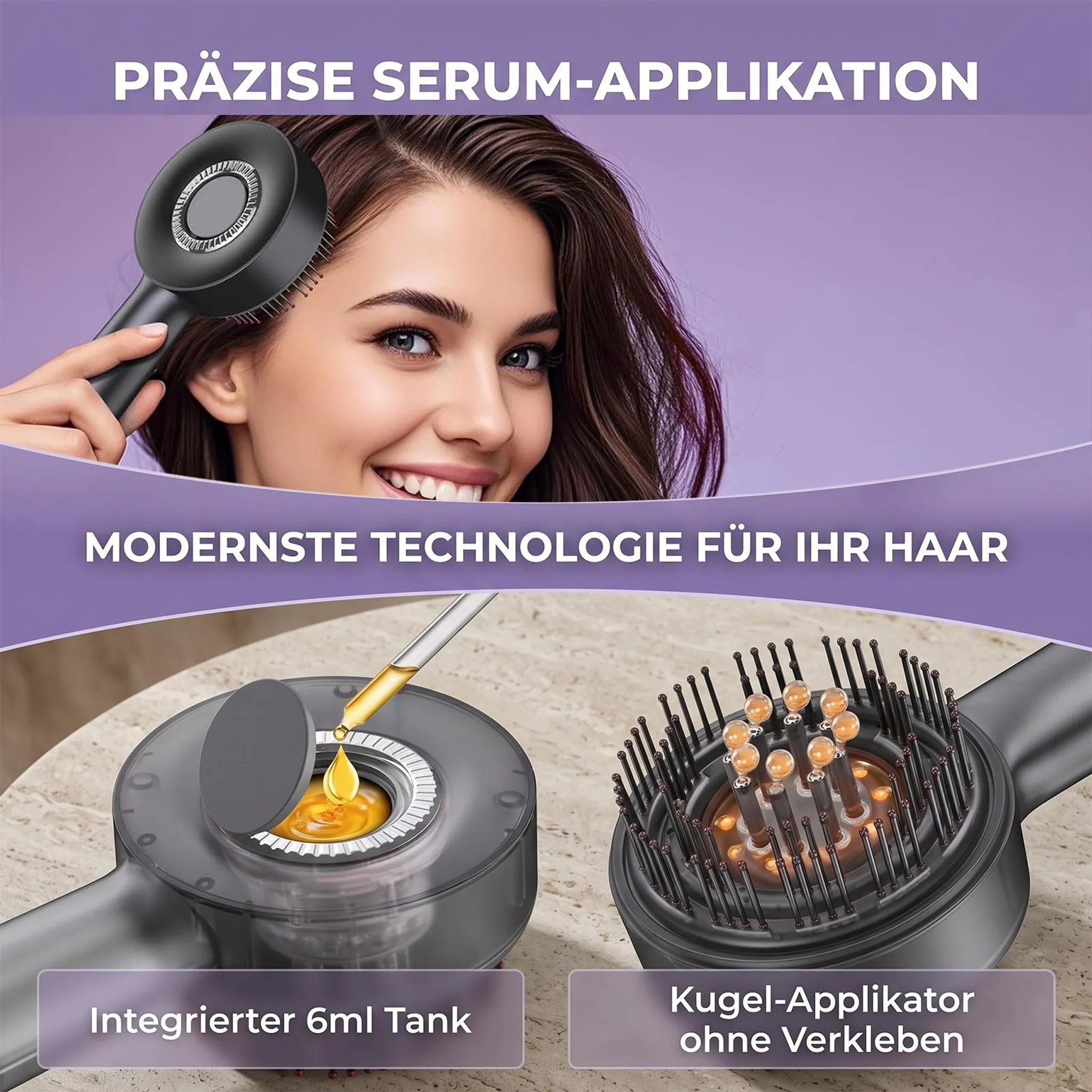 Eine Frau lächelt und hält eine Serum-Applikatorbürste, mit Nahaufnahmen vom Tankfüllen und Kugel-Applikator.