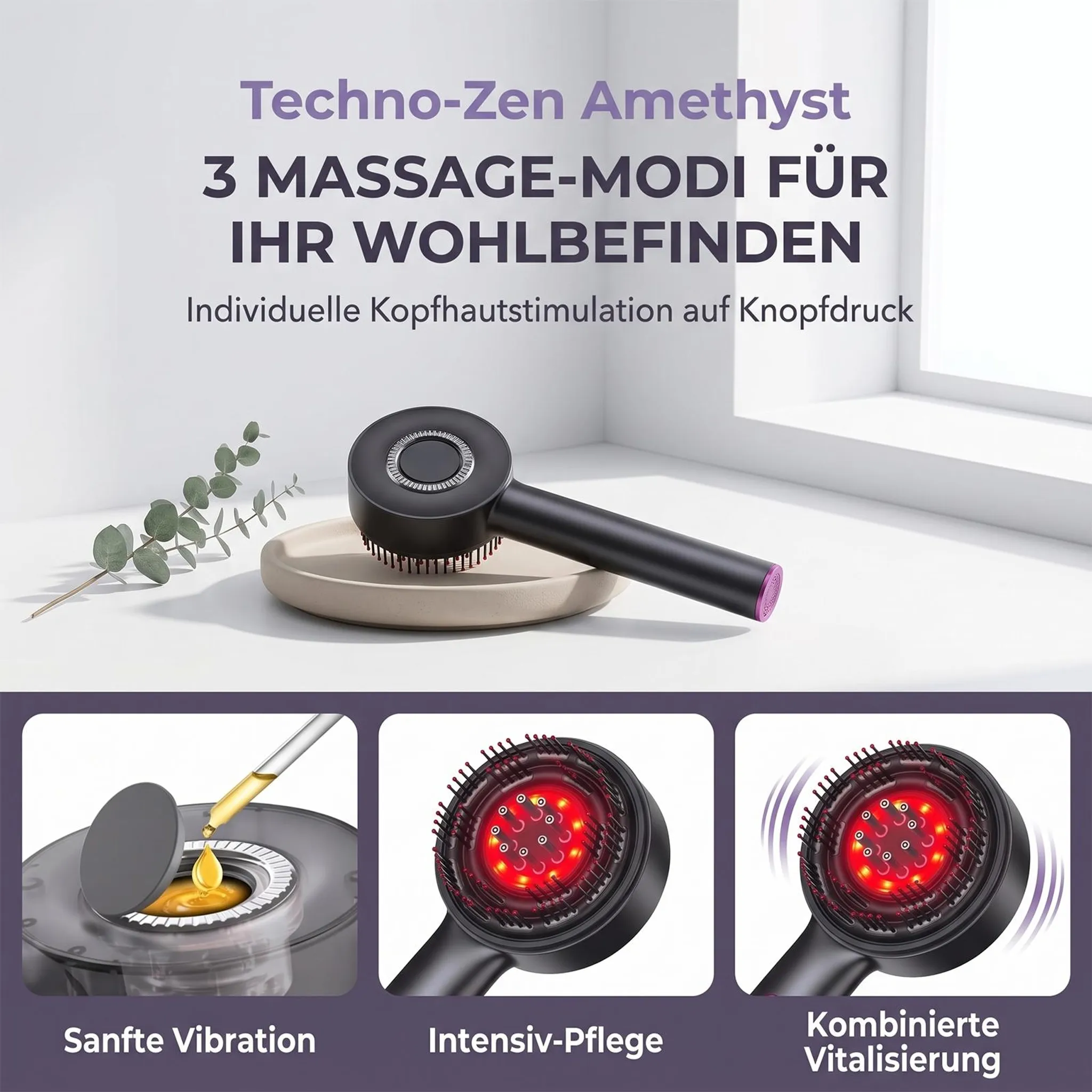 Ein schwarzer Kopfhautmassager liegt auf einer Schale neben Eukalyptus, mit drei Detailbildern der Modi.