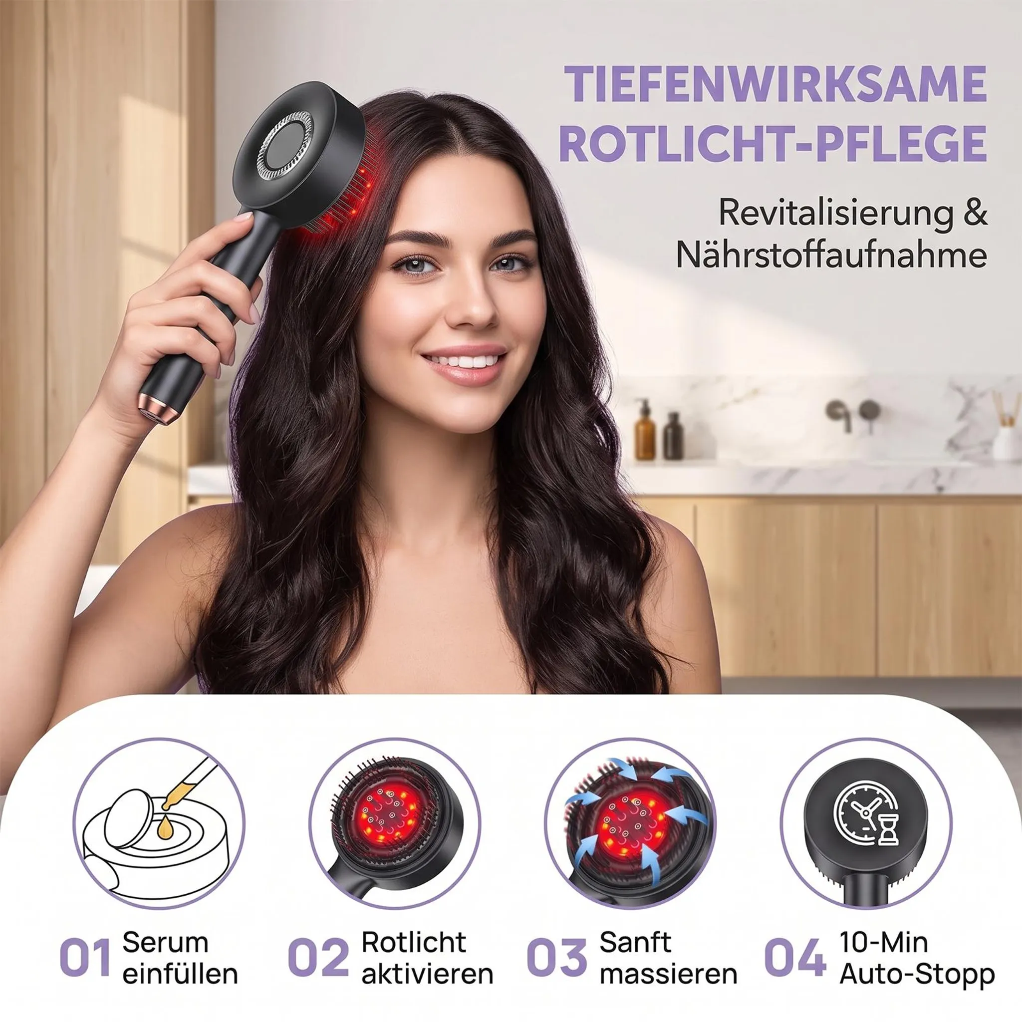 Frau verwendet eine schwarze Rotlicht-Haarbürste, mit Symbolen für Serum, Rotlicht, Massage und Auto-Stopp.