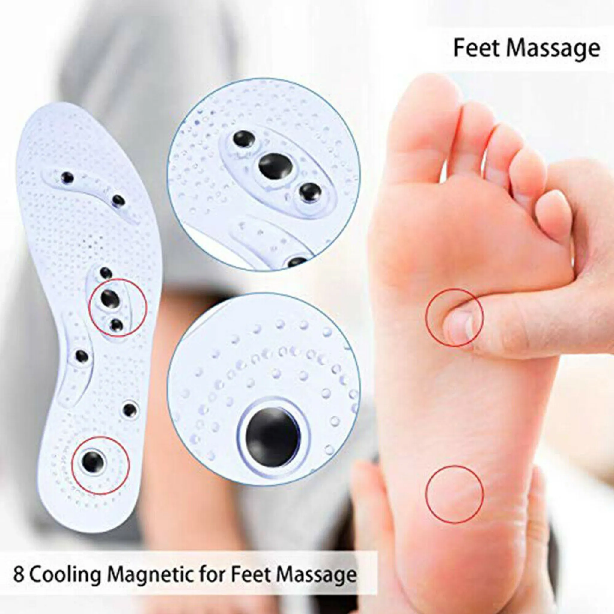 Weiße magnetische Massage-Einlegesohlen mit Kühlknoten, neben einem massierten Fuß.