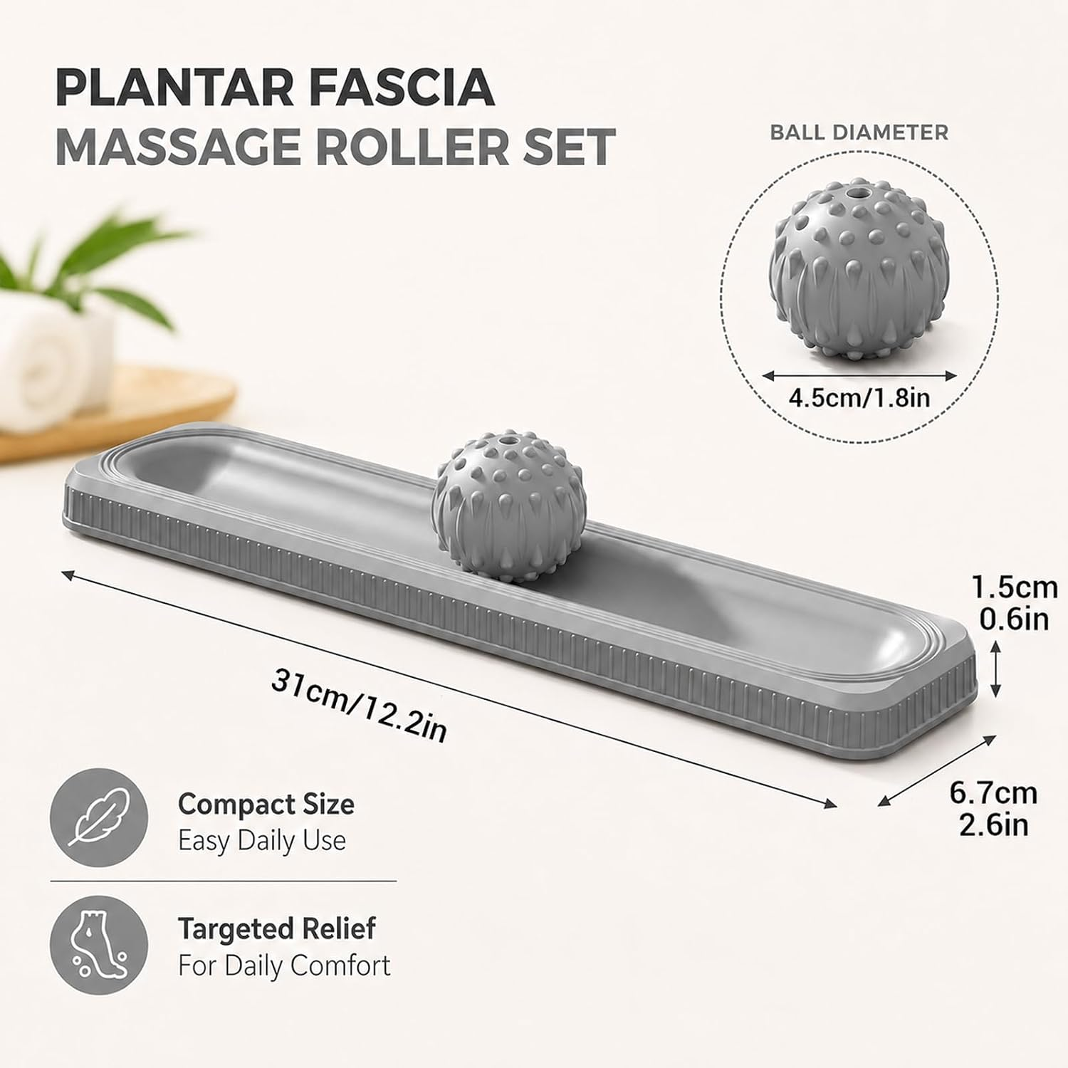 Graues Plantarfaszien-Massage-Set mit Maßen und einer Noppenball auf einer länglichen Basis.