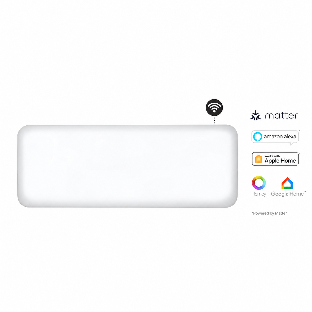 Un dispositivo smart rettangolare bianco con icona Wi-Fi e loghi Matter, Alexa, Apple Home, Homey e Google.