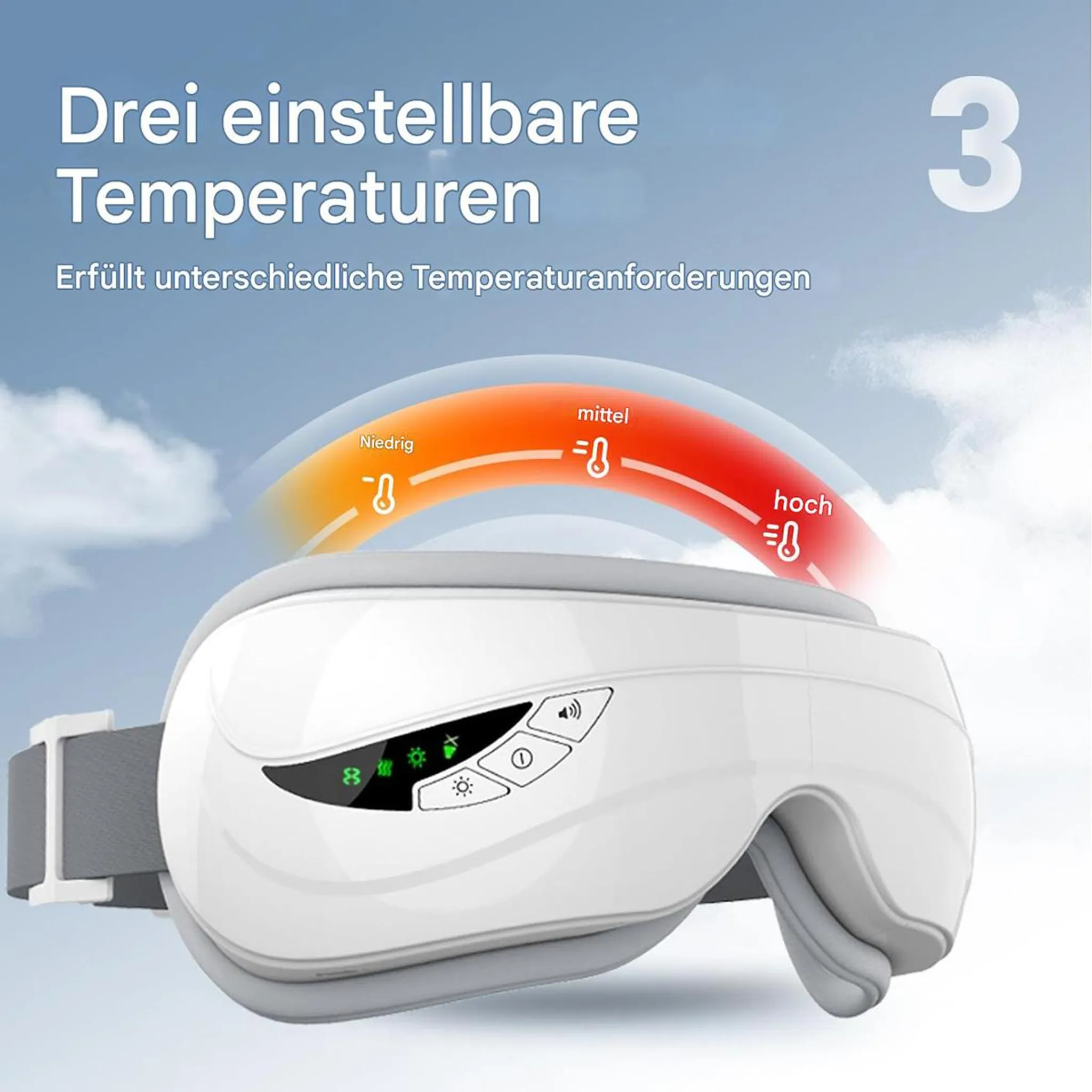 Weißes Augenmassagegerät mit drei Temperatureinstellungen, dargestellt vor einem Wolkenhimmel.