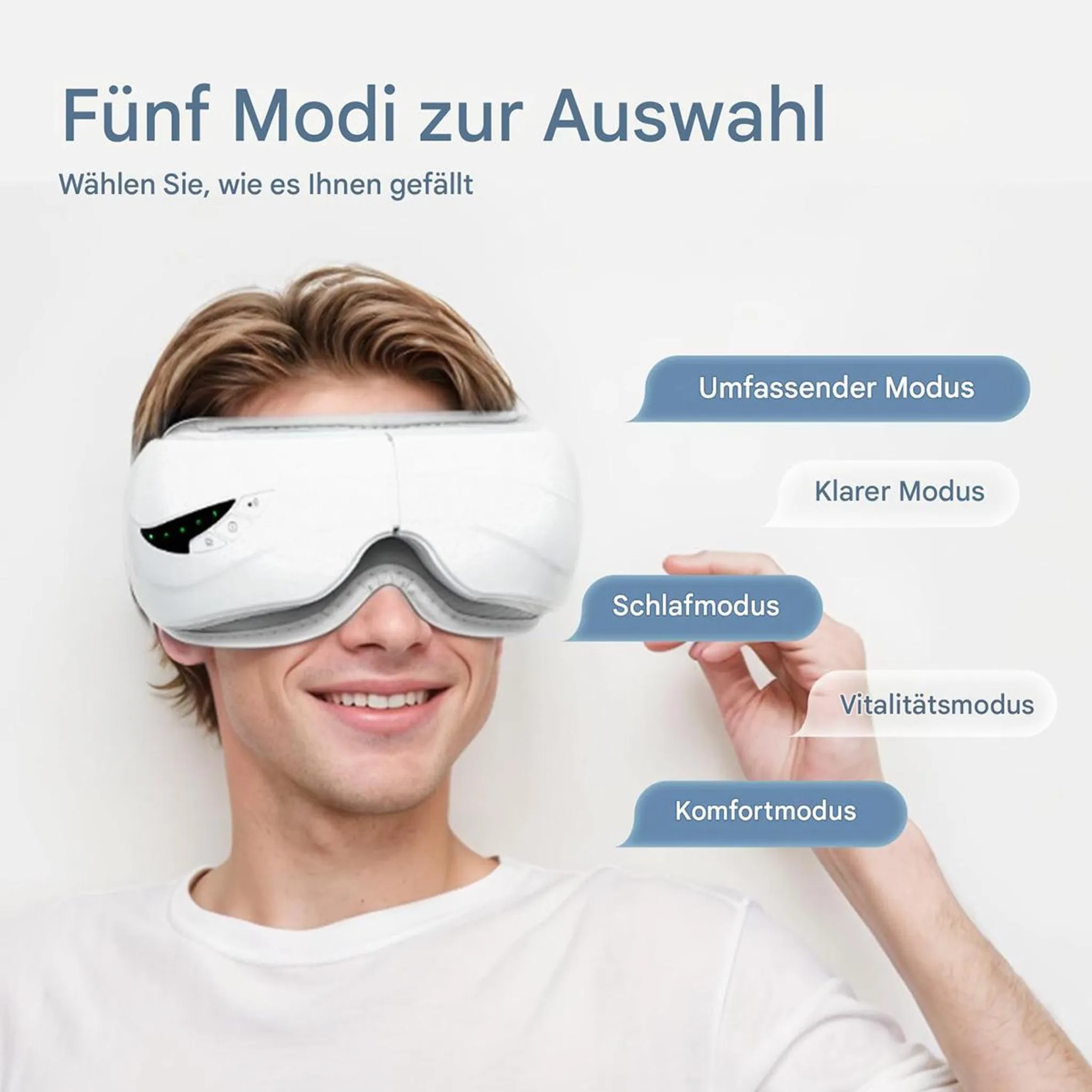 Ein smiling Mann trägt ein weißes Augenmassagegerät mit fünf angezeigten Modi.