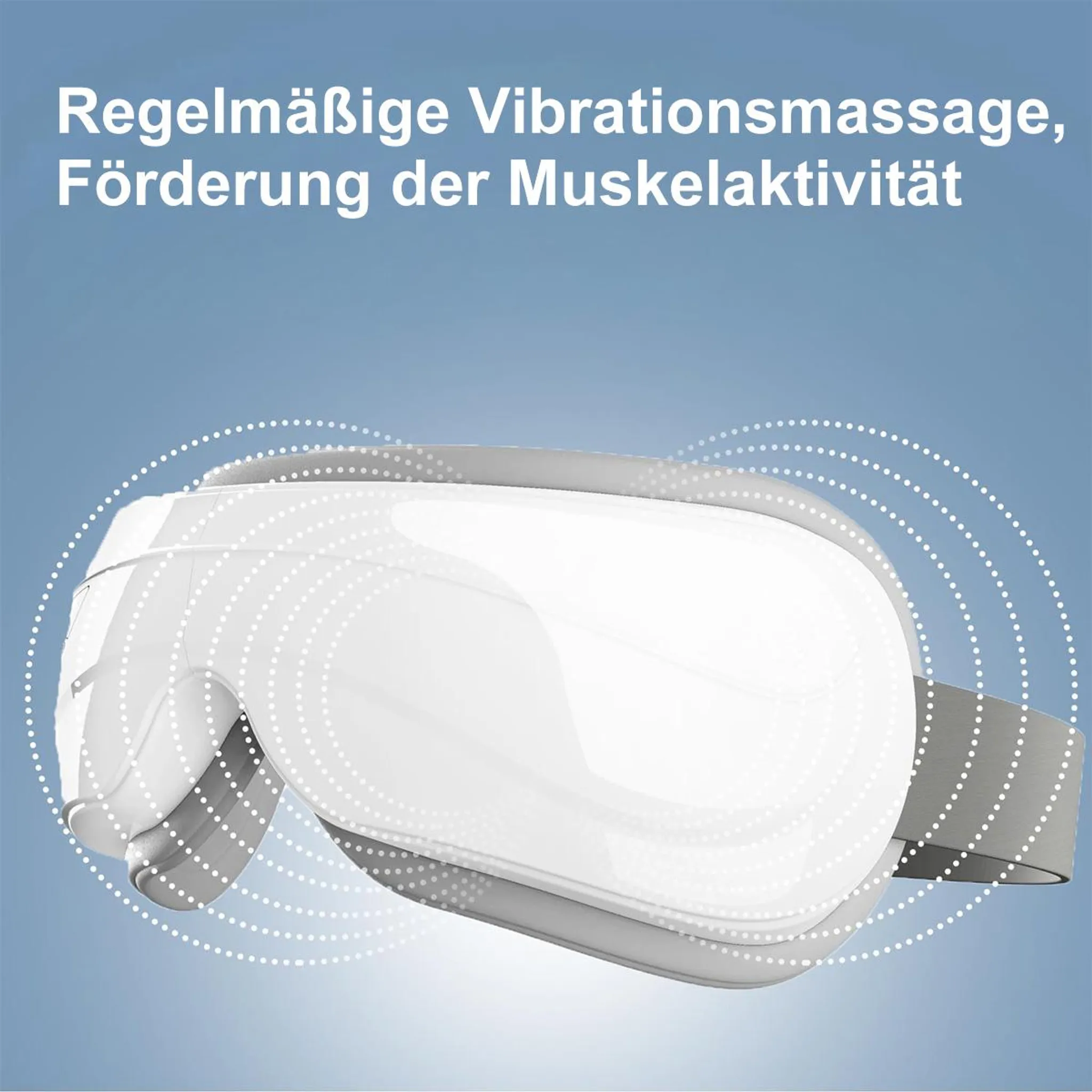 Weißes Augenmassagegerät mit grauen Riemen und konzentrischen Wellen auf blauem Hintergrund.