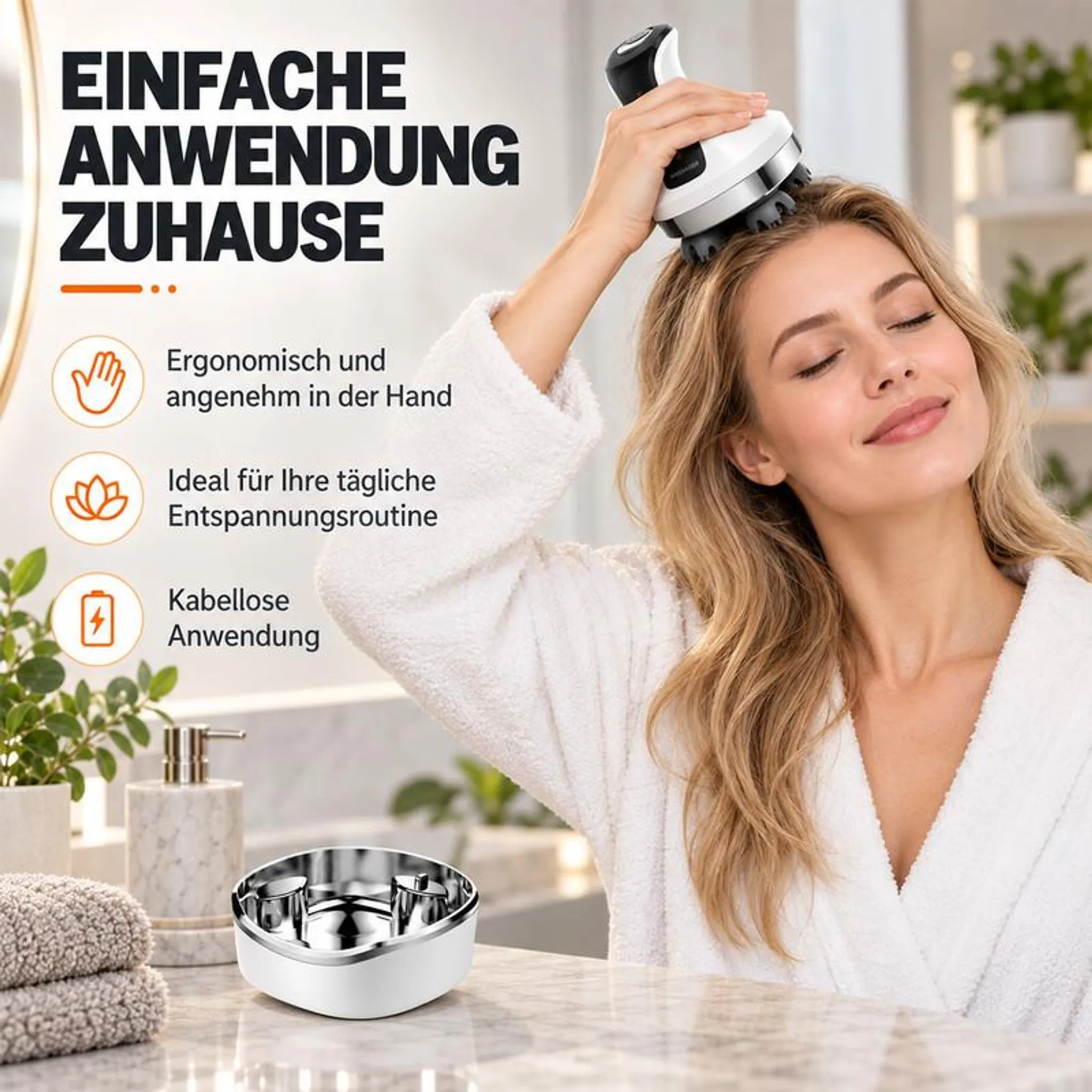 Frau im weißen Bademantel massiert sich mit einem elektrischen Gerät die Kopfhaut in einem hellen Badezimmer.
