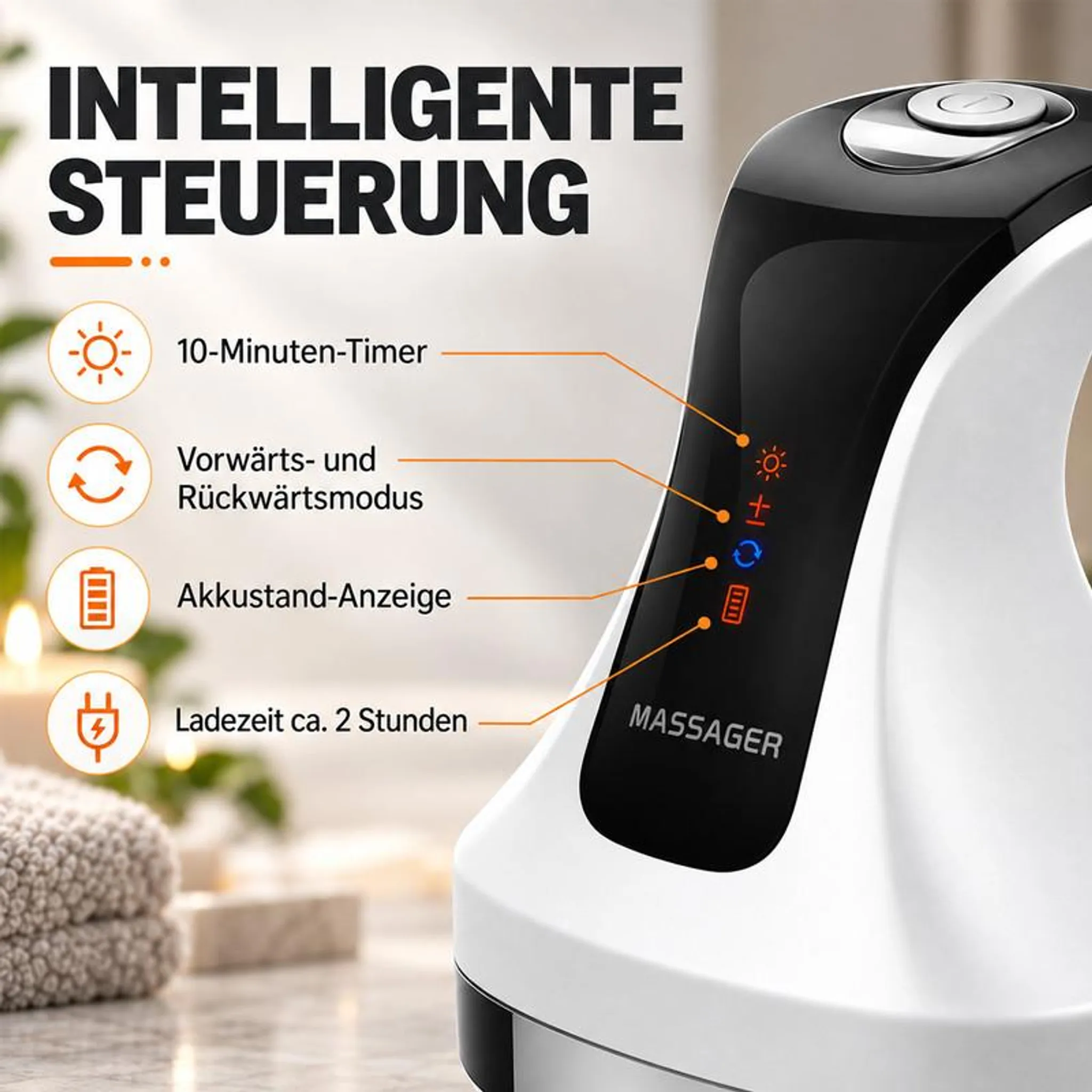 Nahaufnahme eines weißen und schwarzen Massagegeräts mit intelligenten Steuerungsfunktionen und Indikatoren.