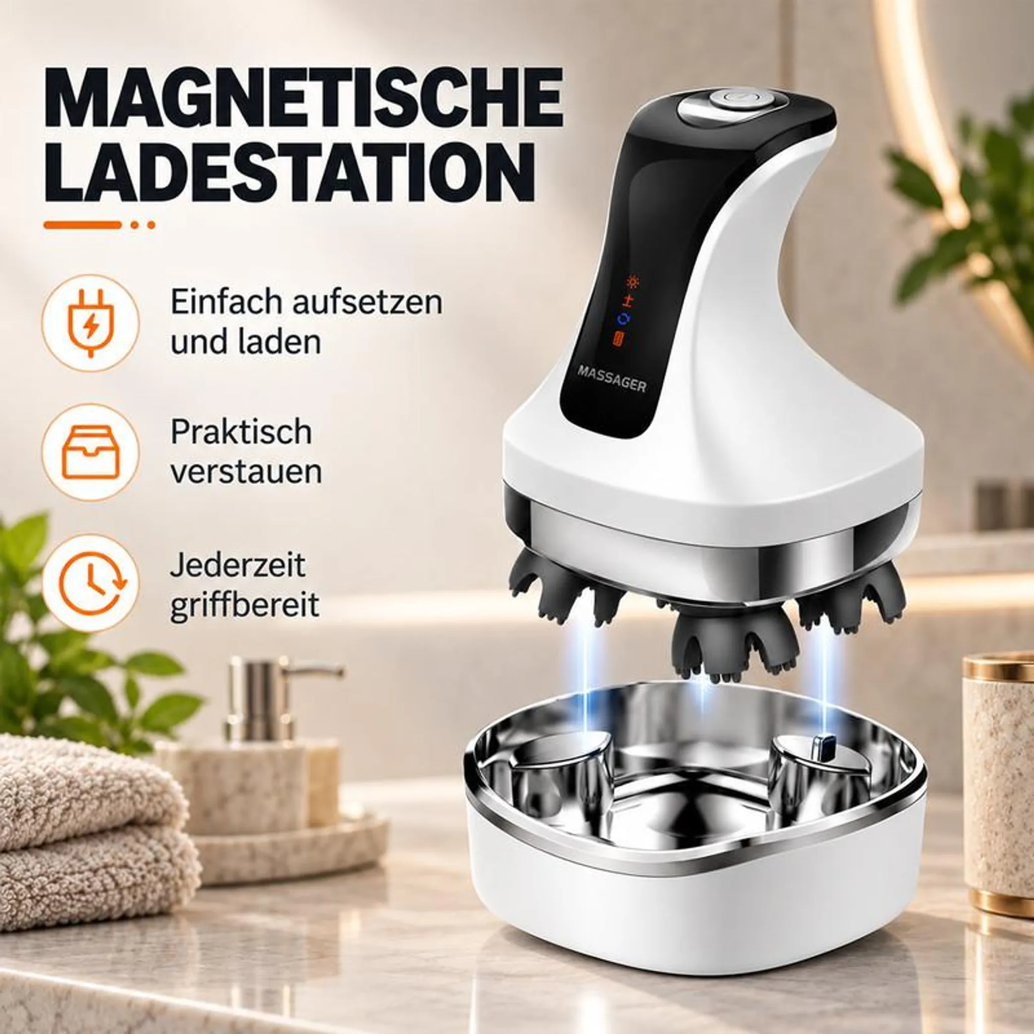 Ein weißer Kopfmassagegerät schwebt über seiner magnetischen Ladestation auf einem Badezimmertisch.