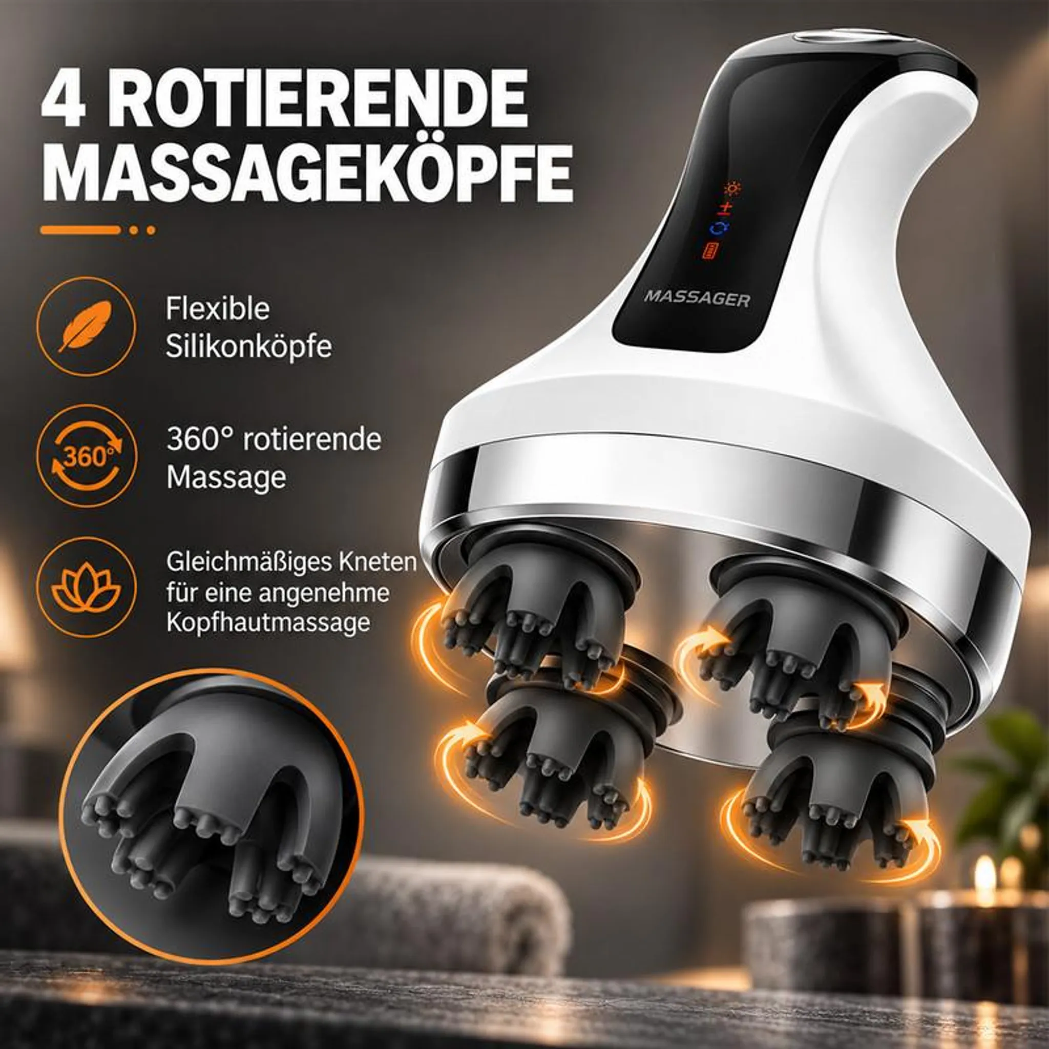 Weiß-schwarzer elektrischer Kopfmassageapparat mit vier rotierenden Silikonköpfen und Text.