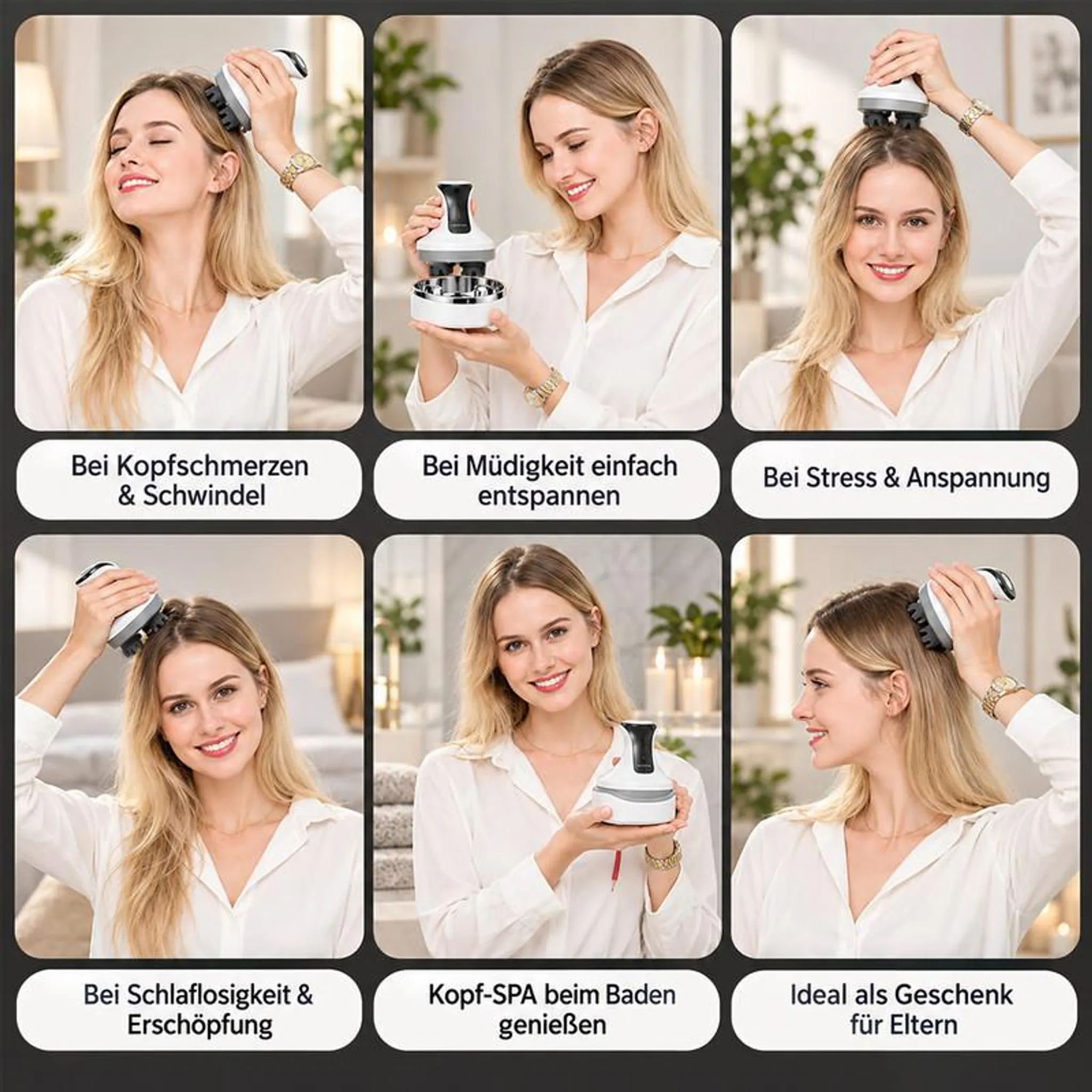 Eine lächelnde blonde Frau demonstriert die Anwendung eines weißen elektrischen Kopfmassagegeräts.