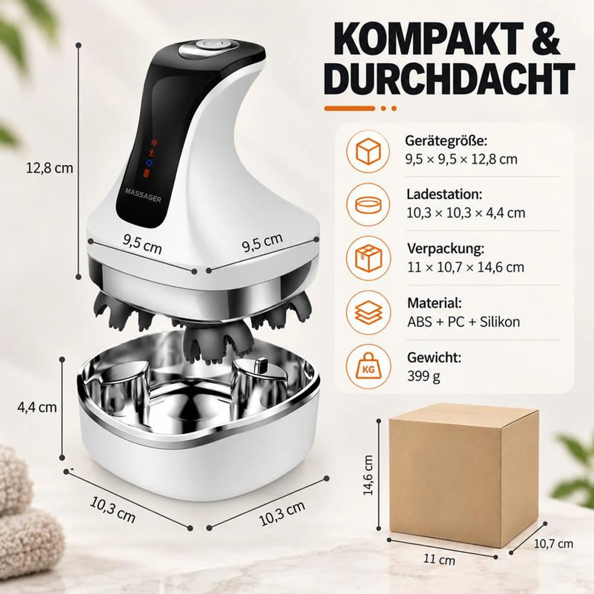 Produktgrafik zeigt Kopfmassagegerät, Ladestation und Verpackung mit genauen Maßen und technischen Daten.