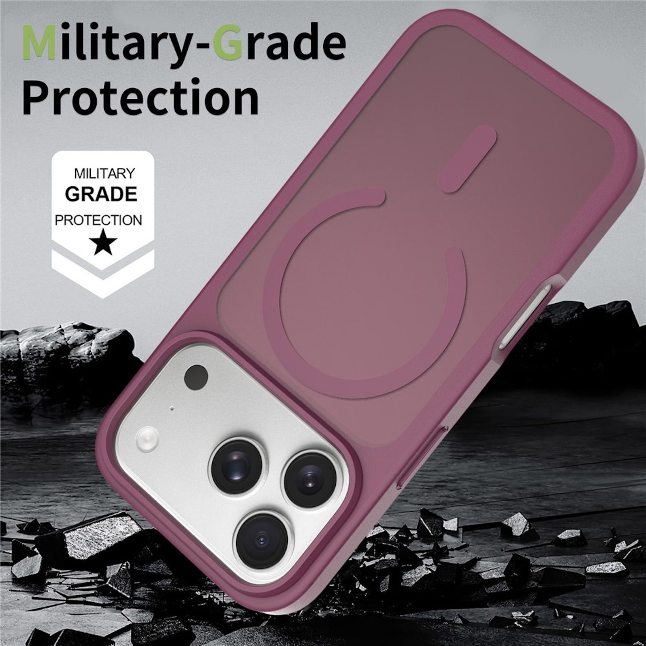 Eine lila Smartphone-Hülle mit einem kreisförmigen Magnetring auf der Rückseite vor dunklem Felsenhintergrund.