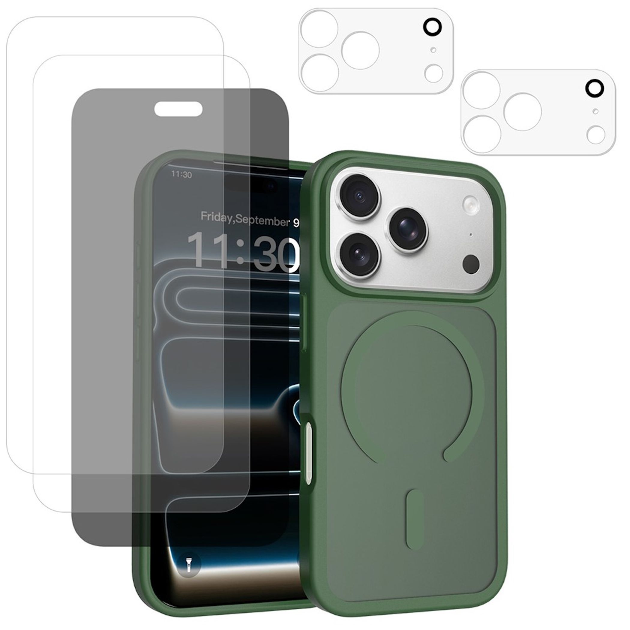 Grüne Smartphone-Hülle mit MagSafe, Displayschutzfolien und Linsenschutz auf weißem Hintergrund.