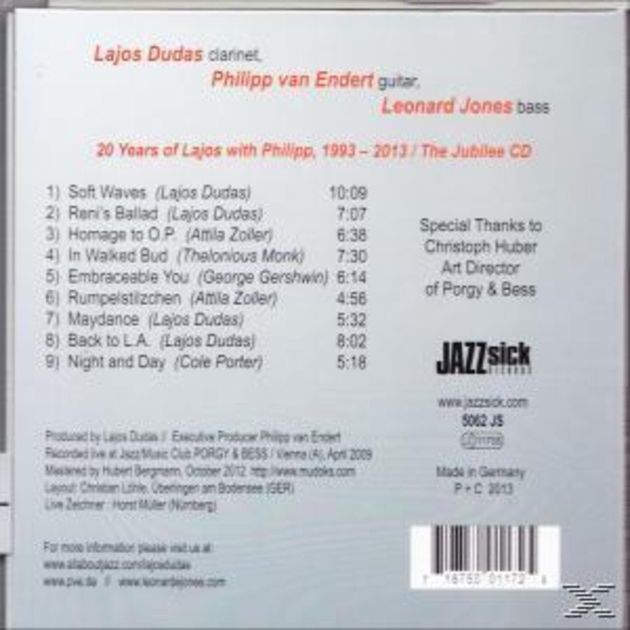 Rückseite einer Musik-CD mit Trackliste für Lajos Dudas, Philipp van Endert und Leonard Jones.