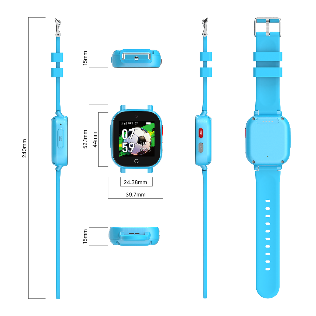 Varias vistas y dimensiones de un reloj inteligente azul para niños con pantalla de fútbol.