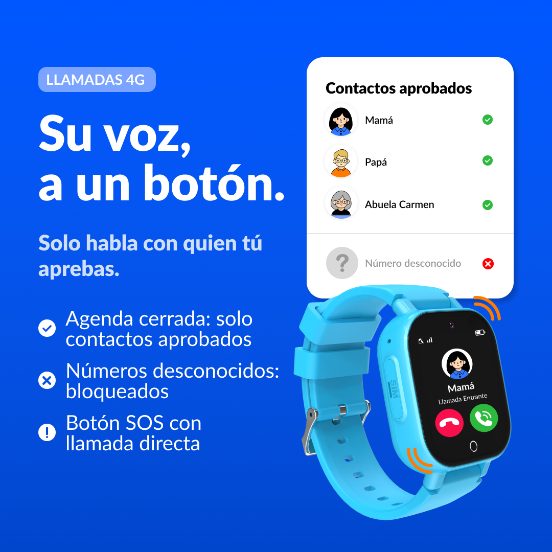 Anuncio azul de reloj inteligente infantil con control de contactos y SOS.