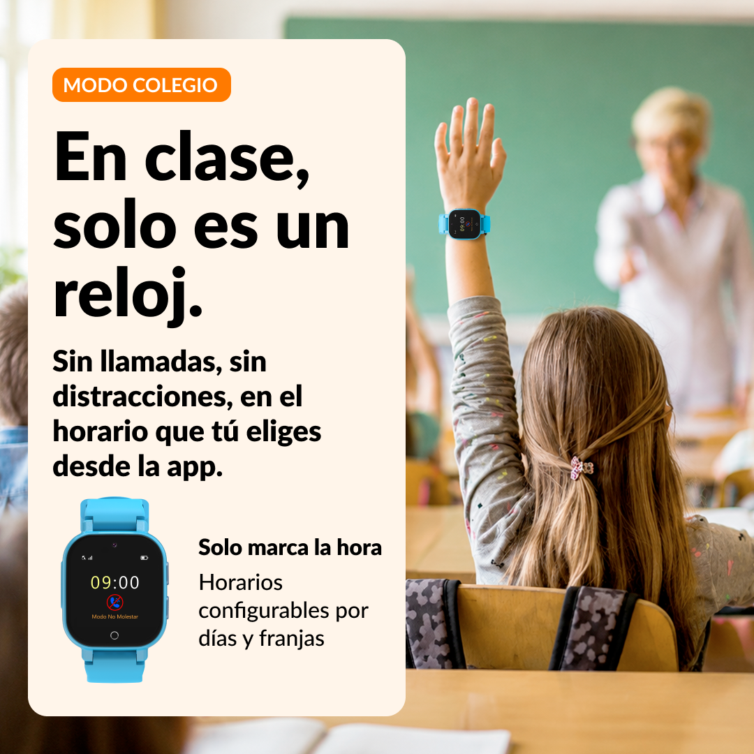 Estudiante levanta la mano con reloj inteligente azul, con texto en español a la izquierda.