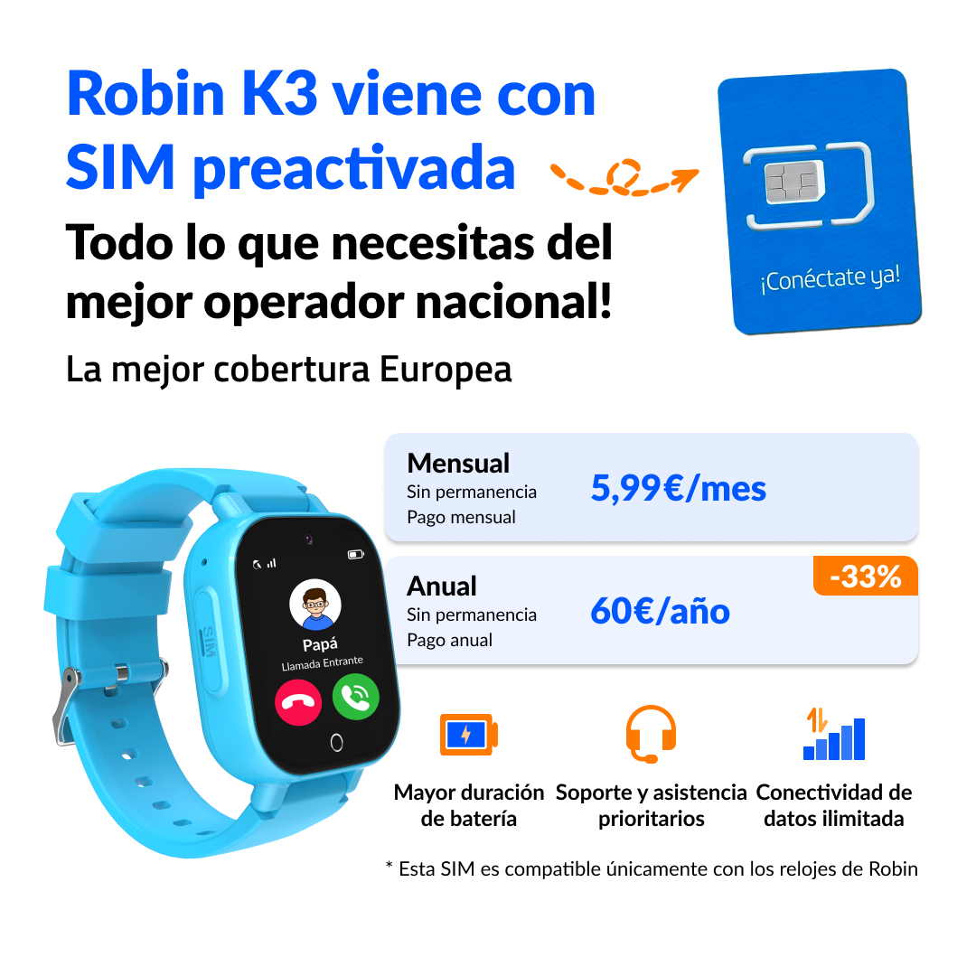 Anuncio del reloj inteligente Robin K3 con SIM preactivada, precios y funciones principales.