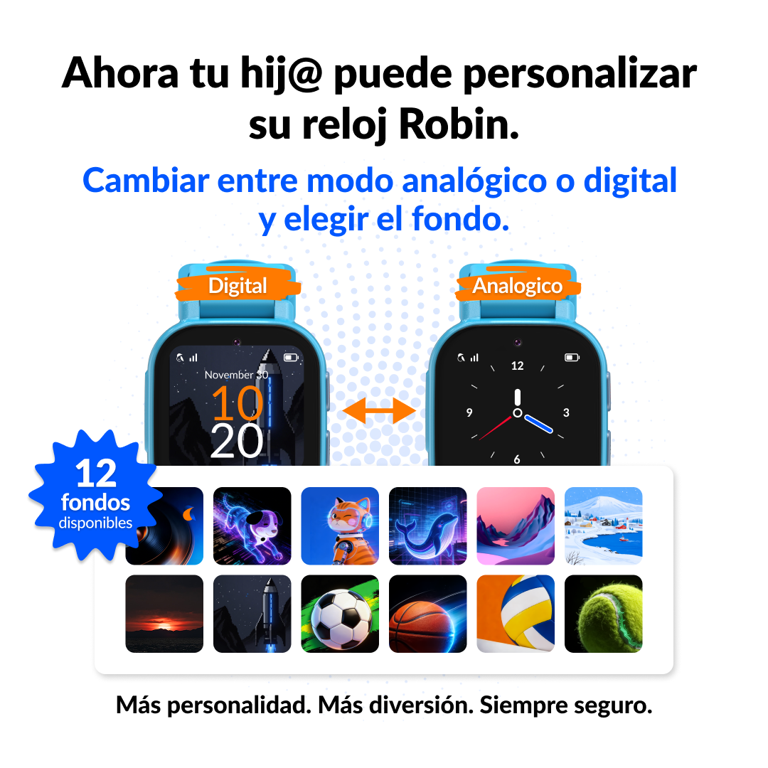 Anuncio del reloj Robin mostrando modos digital y analógico, 12 fondos y texto en español.