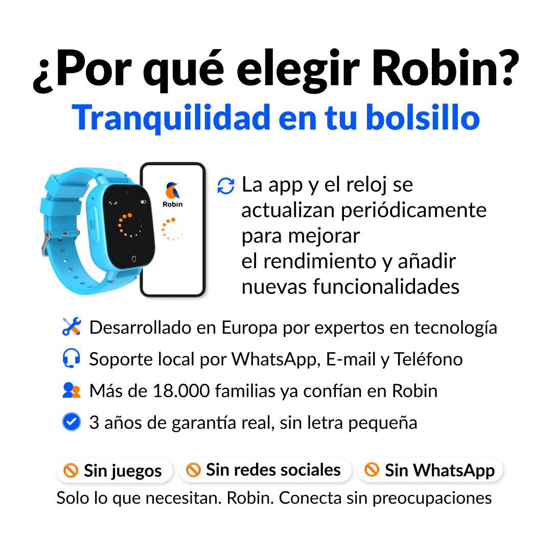 Un anuncio de relojes inteligentes Robin para niños que destaca actualizaciones, desarrollo europeo, soporte y sin juegos ni redes sociales.