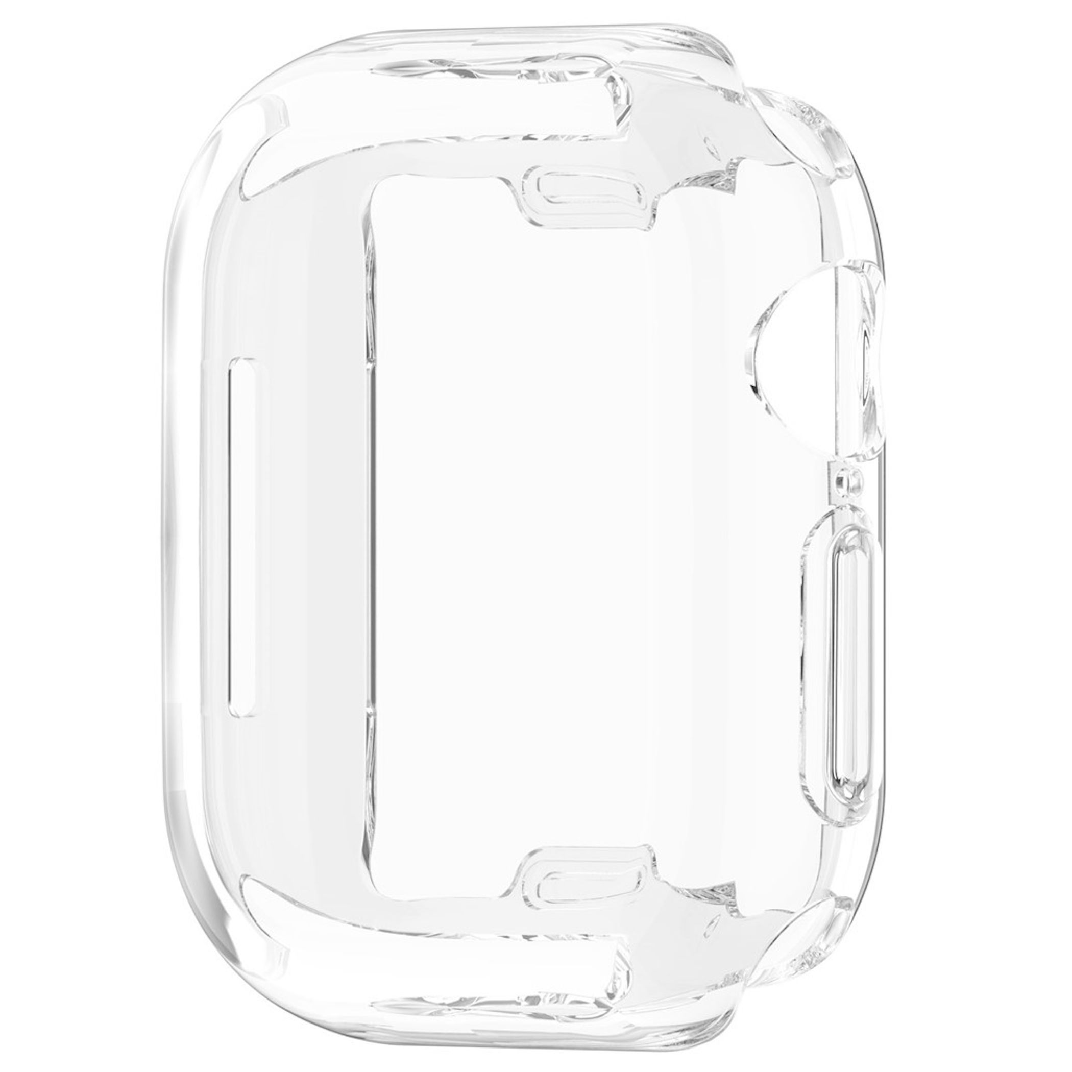 Transparente schützende Smartwatch-Hülle auf weißem Hintergrund.