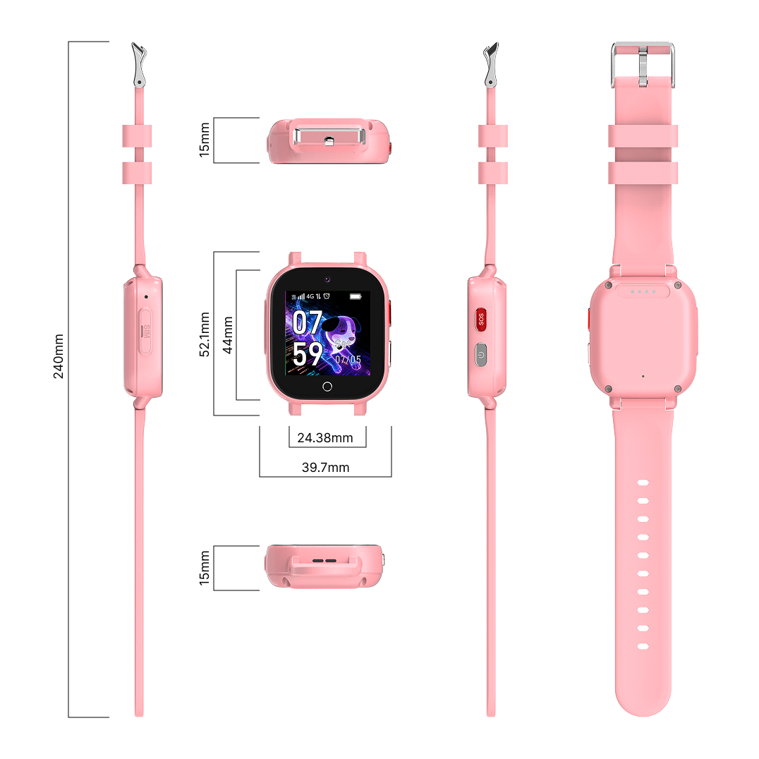 Dibujo técnico de un reloj inteligente rosa para niños con medidas en milímetros desde varios ángulos.