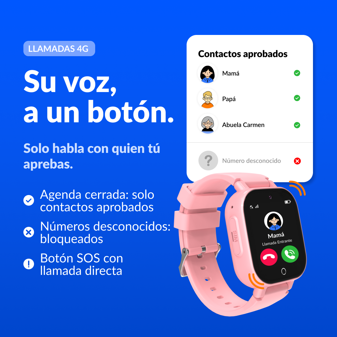 Anuncio azul para smartwatch infantil con correa rosa, mostrando llamadas seguras solo para contactos aprobados.