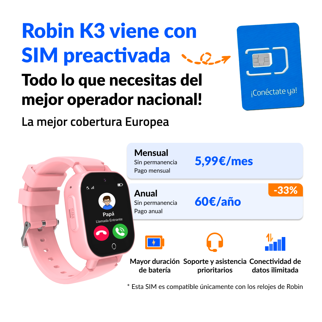 Anuncio del reloj inteligente Robin K3 rosa, con tarjeta SIM, precios y iconos de batería y soporte.