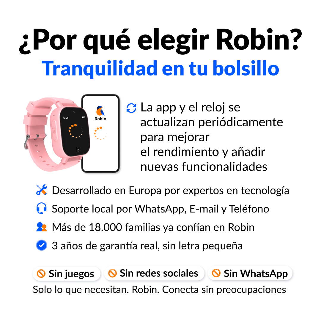 Anuncio de reloj inteligente rosa Robin, destacando actualizaciones, diseño europeo y ausencia de redes sociales.