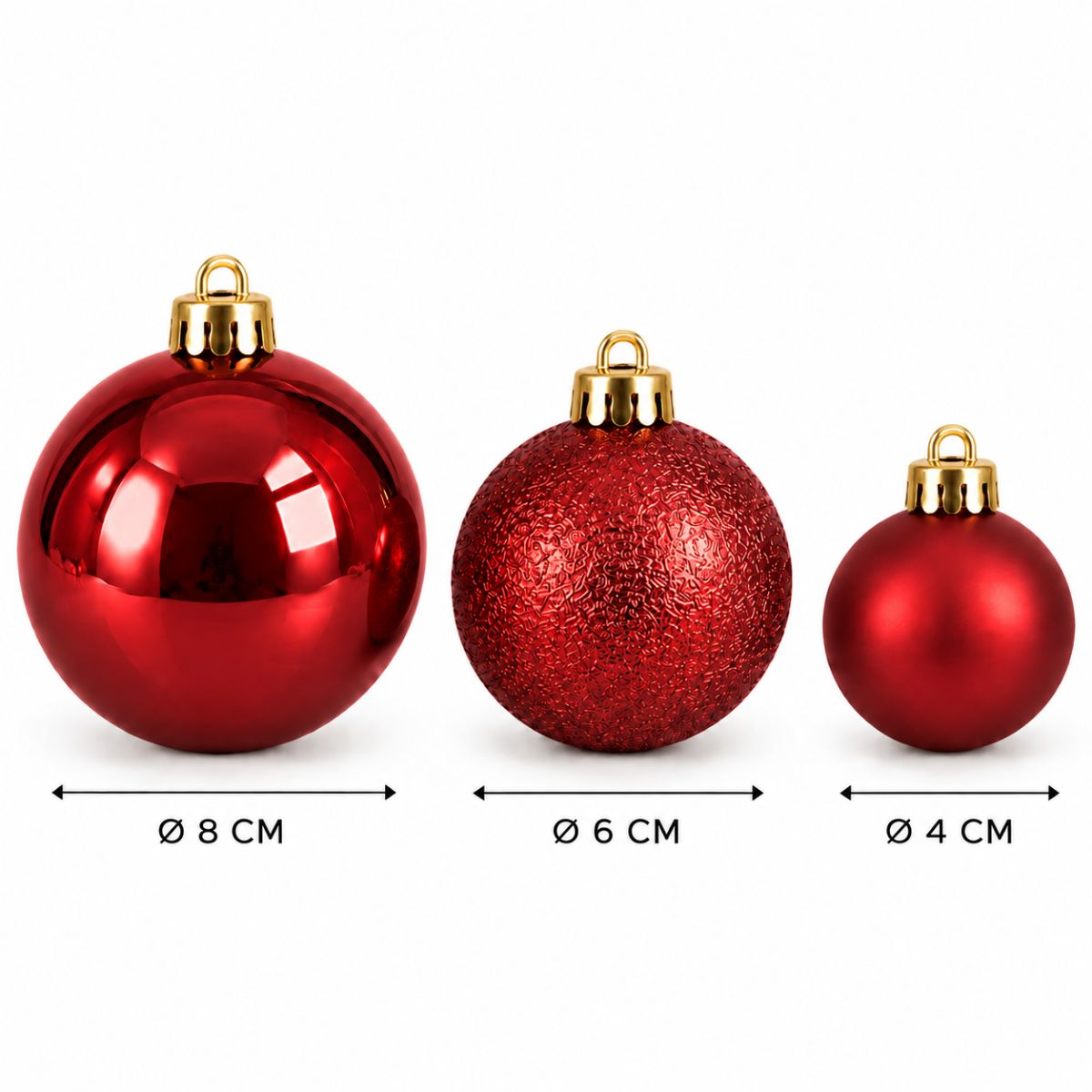 Trois boules de Noël rouges avec des capuchons dorés, de 8 cm, 6 cm et 4 cm de diamètre, sur fond blanc.